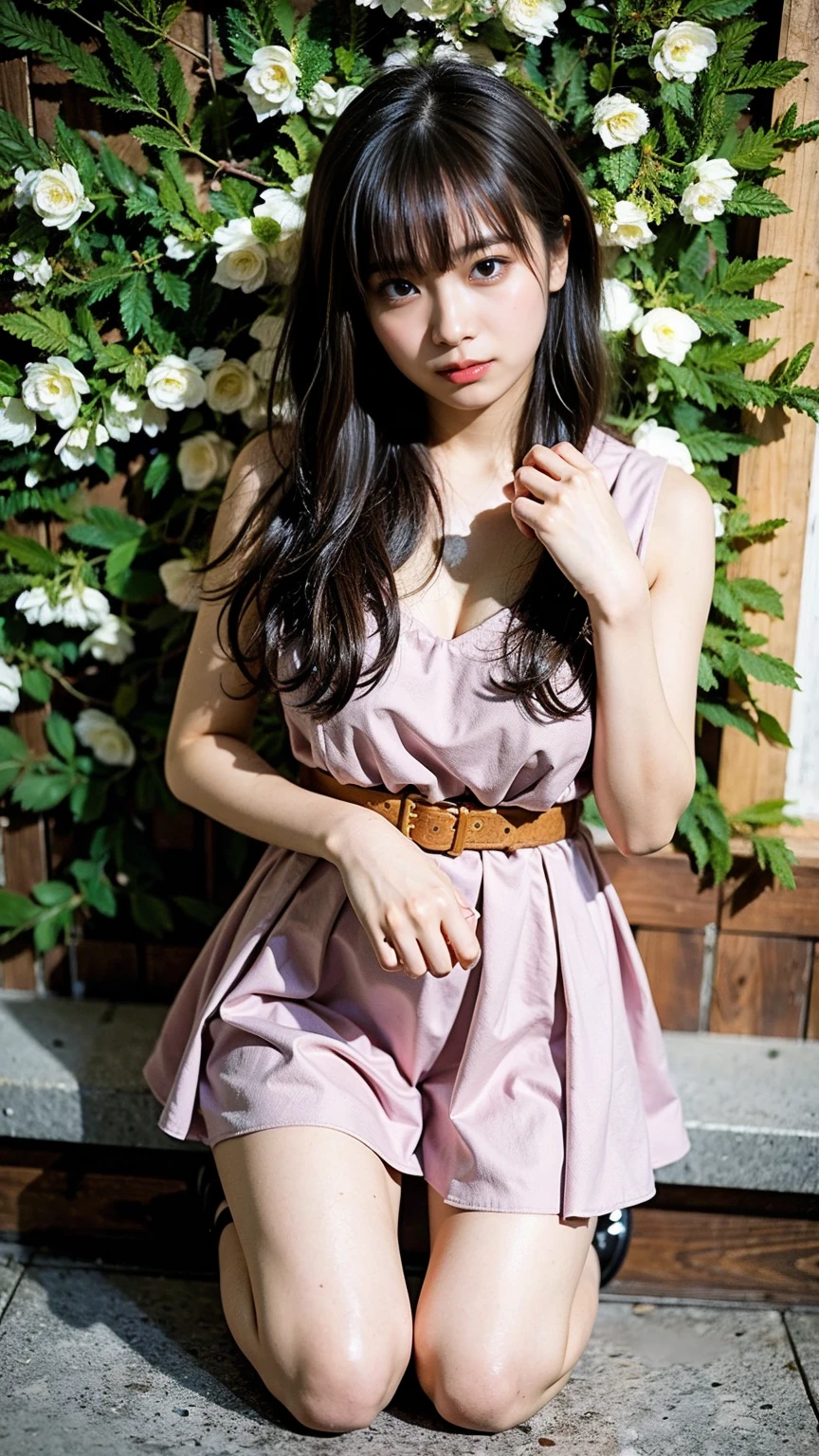 (8k、RAW Photos、highest quality、masterpiece:1.2)、(Realistic、Realistic)、1 girl、((Pink Dress、Black accents、Cute Costumes、Gold Belt、See-through、boots、Large Breasts、View from the front、Kneeling、Watery eye))、Lots of eyelashes、Glowing eyelids、skeletally correct