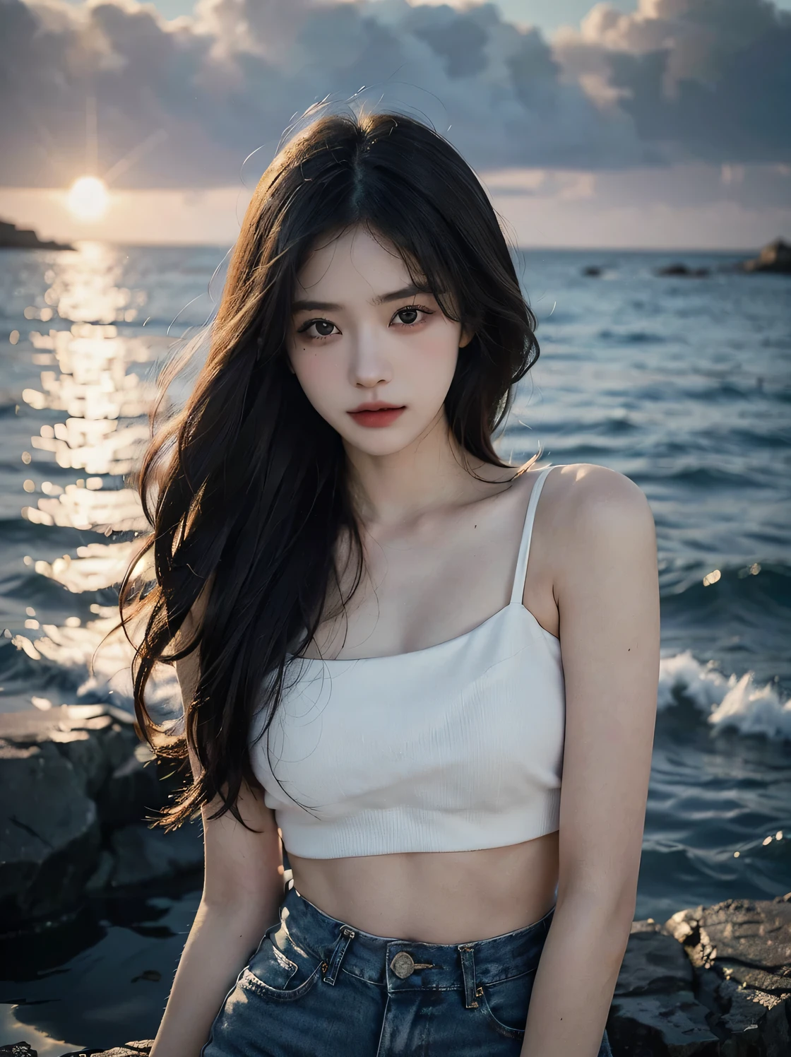 1girl, (looking at viewer:1.2), detail face, (a girl standing, rending on , black shadows, sun falling and sea backdrop,D cup,White tube top 1.5,Extra short denim skirt 1.5), romanticism, atmospheric, (RAW photo, best quality), (realistic, photo-realistic:1.3), masterpiece, an extremely delicate and beautiful, extremely detailed,