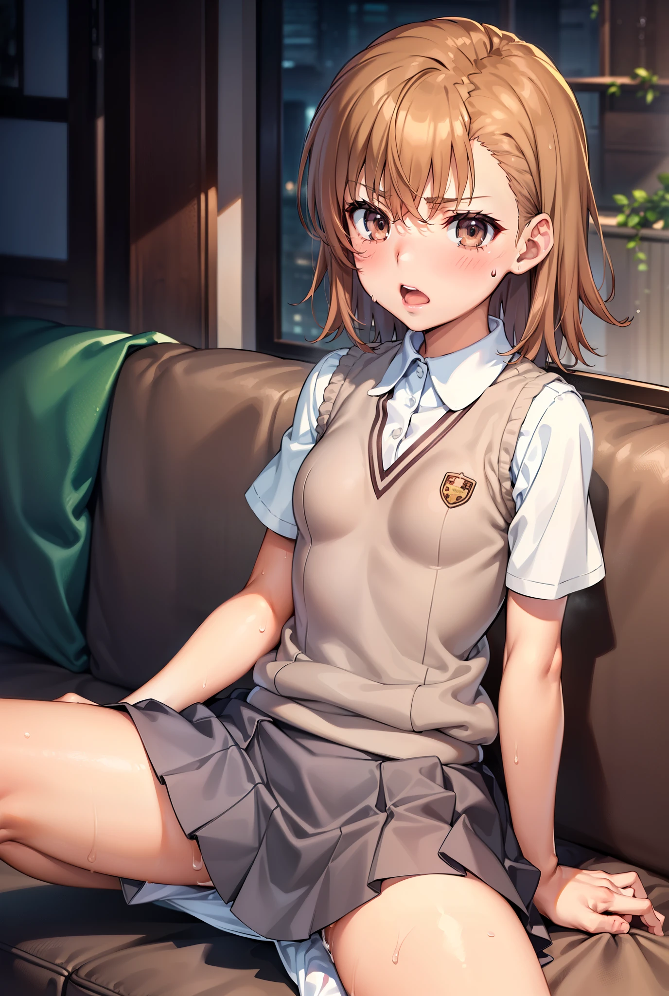 Smooth anime CG art、Focus Only、1 girl、Front view、Upper Body、(((Grey Skirt)))、Sweater vest、Short sleeve、(((Small breasts)))、(((sweat)))、Semi-short hair、(((Sweaty)))、Watery eye、blush、(((Embarrassed look)))、((Open your mouth))、(((Sitting)))、(((Spread your legs)))、((indoor))、((sofa))