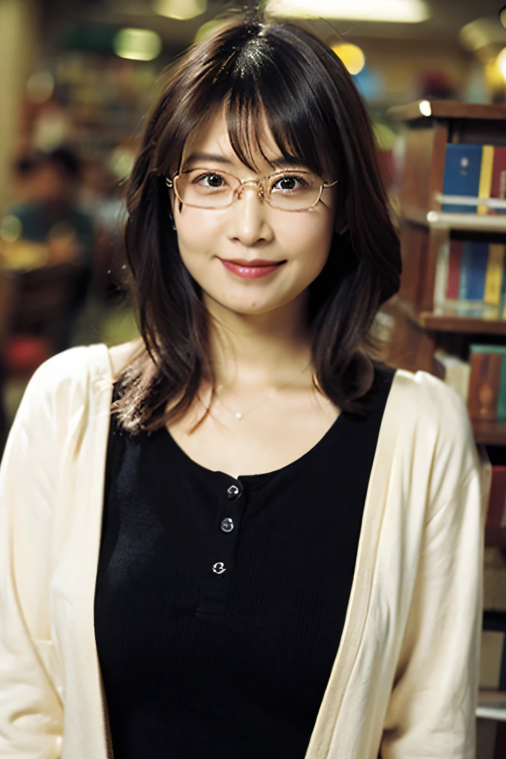 (8k、Raw photo、highest quality、masterpiece:1.2)、(Realistic、Photorealistic:1.37)、Ultra-detailed、超A high resolution、1 girl、40 years old、Seeing the viewer、Beautifully detailed face、A smile with slightly visible teeth、librarian、Beautifully detailed skin、Skin Texture、Floating Hair、Tie your hair together、Shapely large breasts、library、(((Black square glasses )))、Human whole body、Black Hair、((Embarrassing appearance))、Accept the book、Japanese、staff identity card、Highest quality、Shooting with a wide-angle lens
