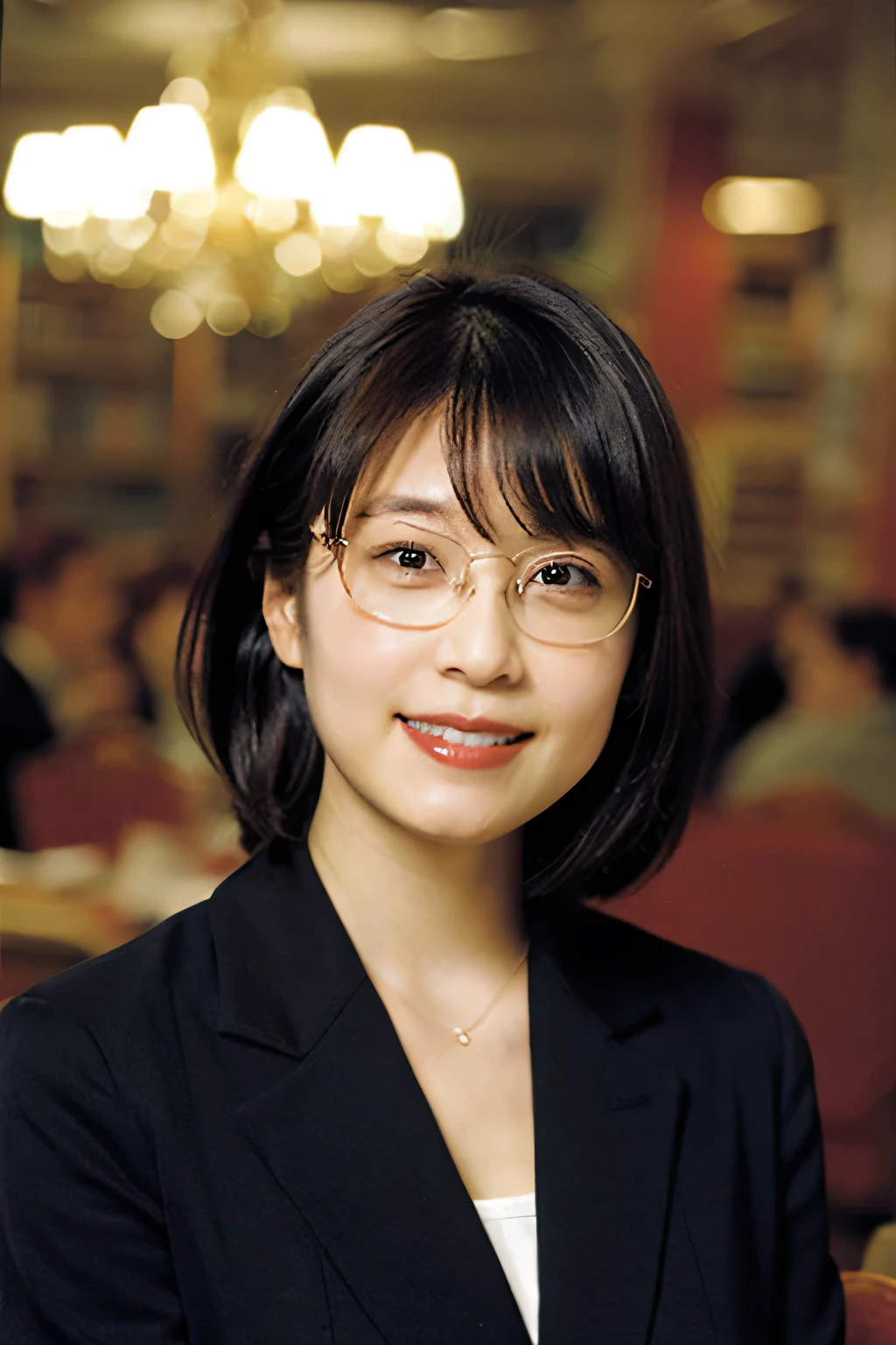 (8k、Raw photo、highest quality、masterpiece:1.2)、(Realistic、Photorealistic:1.37)、Ultra-detailed、超A high resolution、1 girl、40 years old、Seeing the viewer、Beautifully detailed face、A smile with slightly visible teeth、librarian、Beautifully detailed skin、Skin Texture、Floating Hair、Tie your hair together、Shapely large breasts、library、(((Black square glasses )))、Human whole body、Black Hair、((Embarrassing appearance))、Japanese、staff identity card、Highest quality、Shooting with a wide-angle lens