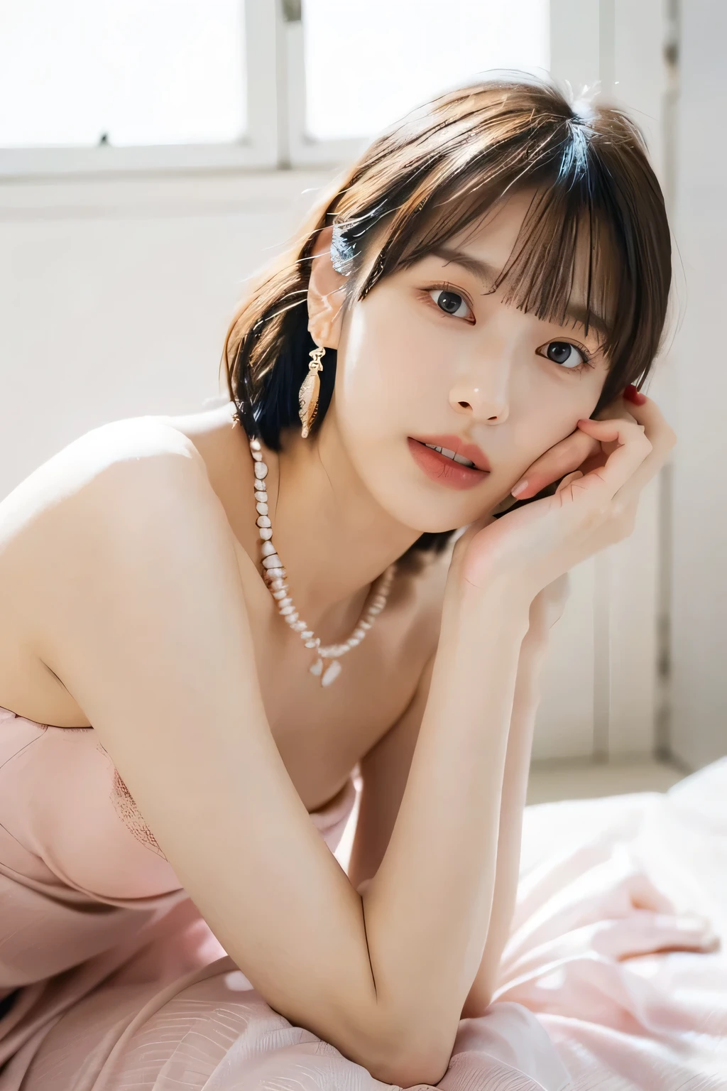 ((8k:1.27), highest quality, masterpiece, 超A high resolution:1.2)Photo Beautiful Japan woman(Comfortable:1.1) grace, good, Gradient lighting, One Girl, Delicate skin, Brown eyes, (Short hair with bangs:1.2), (Large breasts:1.0), (middle breast wheel:0.8), (Realistic:1.4), (highest quality:1.0), (超A high resolution:1.0), 8k, Raw photo, (masterpiece:0.2), (Purelos Face_v1:0.5),  All Overprint Contrast Colors Dresulti Colors, Red-brown, What can I do for you?, theme, Looking at the audience,  

32 years old, 1 person, ((Beautiful announcer, Cute mouth:1.2)),

((Gorgeous Earrings, Long Necklace:1.2)), 
((Wrap a thin bath towel around your body, No bra, The shape of the nipples is visible, cleavage wide open:1.2)),
((Squatting on the bed with legs stretched out in front, My whole body is soaking wet, Open your legs a little:1.5)),
(Pay attention to the beautiful thighs:1.8), 

((Sexy atmosphere, Naughty pose, Kissing Mouth, hold out your lips, Cute and shy, Gazing intently at the audience:1.2)),
((Boyfriend's bedroom, Flirting with boyfriend, Looking up:1.5)),
((Foreplay before sex, Inserting a male organ into a female organ, A slightly distressed look:1.2)), 
((Big white bed, White wall, Near a tall window, The sunlight shines in, Bright room)), 

Realistic skin texture, Fair skin, Shiny skin, Beautiful skin on legs, Beautiful feet, 
Highly detailed face, Slim face contour, Beautiful small face, Beautiful Nose, 
Ultra-detailed eyes, Slit eyes, Brown eyes, double eyelid, Ultra-thin eyebrows, Thin, long eyelashes, 
Ultra-detailed lips, Plump and moisturized lips, Glossy pink lips, Flushed Cheeks, 
Beautiful actress&#39;s languid make-up, Pink lipstick, Smoky eyeshadow, Eye foundation, 
Dark Brown Hair, Delicate soft hair, Hair blowing in the wind, 
(Elegantly putting your hair up, Medium Short Hair, ponytail:1.2), 
Layered Cut, (Blunt bangs:1.2), 
((Mouth slightly open to reveal white teeth, Stick out your tongue a little)), Body facing forward, 


((Raise your face slightly)),
((Squinting)), 
((pursing lips:1.2)),
((Blushing:1.2)),
((The cleavage between her breasts is fluffy, Beautiful breasts)), 