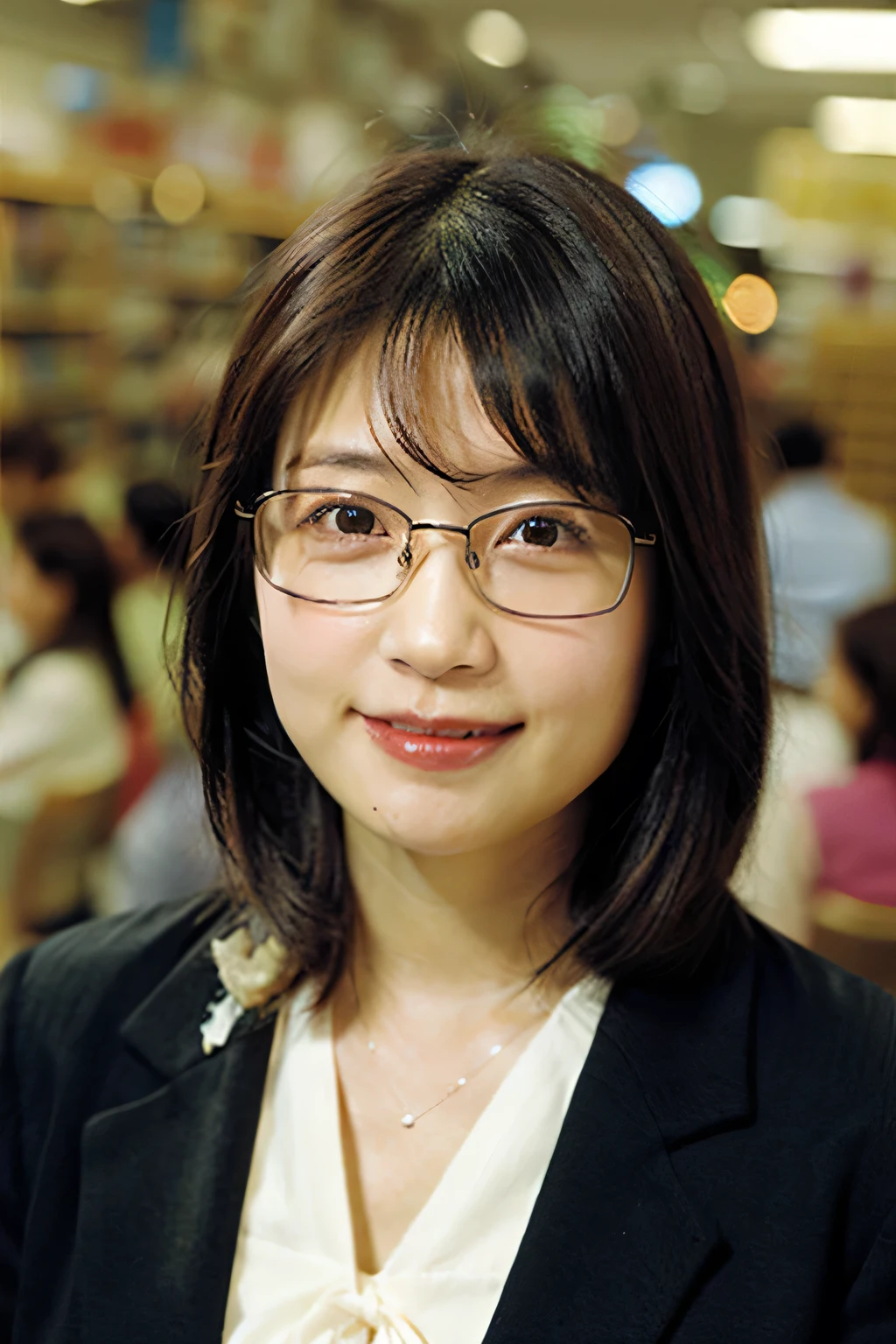 (8k、Raw photo、highest quality、masterpiece:1.2)、(Realistic、Photorealistic:1.37)、Ultra-detailed、超A high resolution、1 girl、40 years old、Seeing the viewer、Beautifully detailed face、A smile with slightly visible teeth、librarian、Beautifully detailed skin、Skin Texture、Floating Hair、Tie your hair together、Shapely large breasts、library、(((Black square glasses )))、Human whole body、Black Hair、((Embarrassing appearance))、Japanese、staff identity card、Highest quality、Shooting with a wide-angle lens、Disheveled clothing