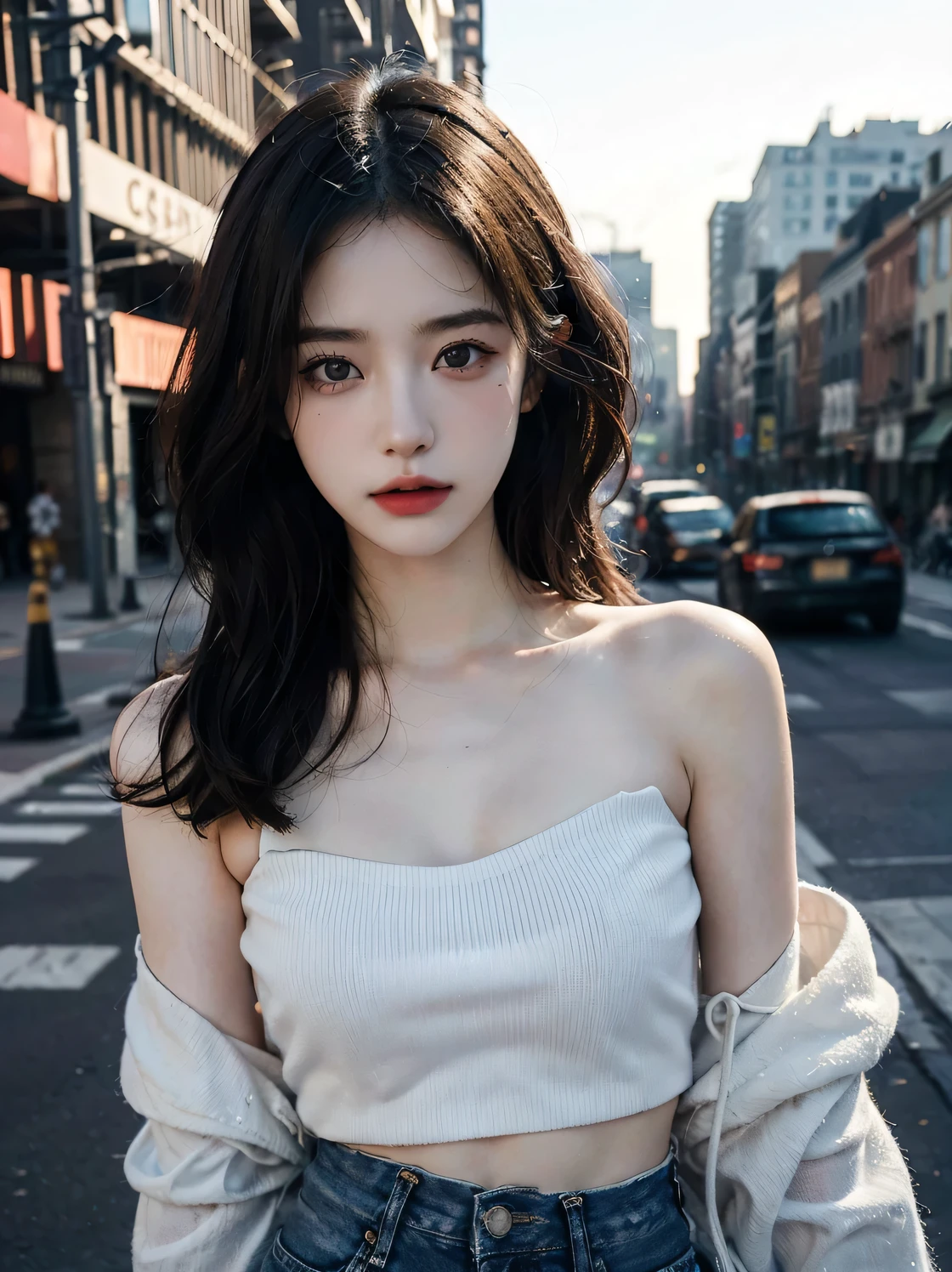 1girl, (looking at viewer:1.2), detail face, (a girl standing, rending on cgsociety, black shadows, streaming, new york backdrop), romanticism, atmospheric, (RAW photo, best quality), (realistic, photo-realistic:1.3), masterpiece, an extremely delicate and beautiful, extremely detailed, Translucent white tube top1.5,Extra short denim skirt 1.5