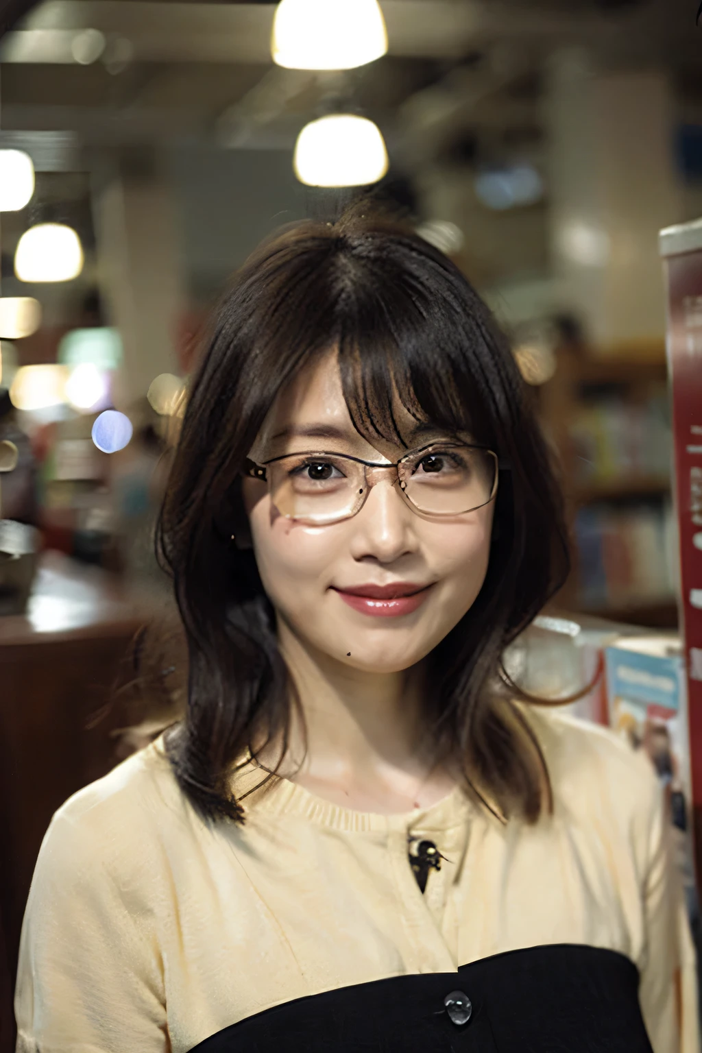 (8k、Raw photo、highest quality、masterpiece:1.2)、(Realistic、Photorealistic:1.37)、Ultra-detailed、超A high resolution、1 girl、40 years old、Seeing the viewer、Beautifully detailed face、A smile with slightly visible teeth、librarian、Beautifully detailed skin、Skin Texture、Floating Hair、Tie your hair together、Shapely large breasts、library、(((Black square glasses )))、Human whole body、Black Hair、((Embarrassing appearance))、Japanese、staff identity card、Highest quality、Shooting with a wide-angle lens、Disheveled clothing、(Emphasize large breasts)