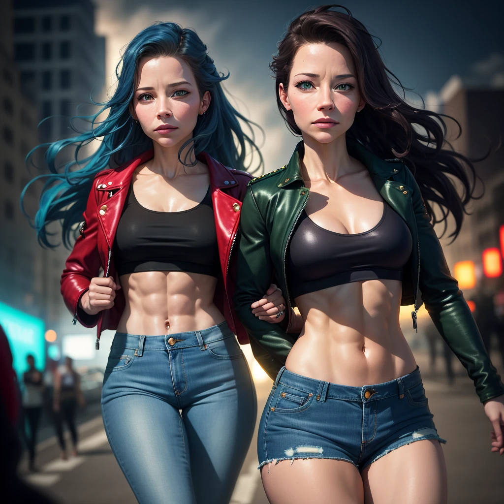 (Alicia Vikander:Evangeline Lilly), green light, glowing eyes, pov below, wind,, masterpiece, best quality, 1girl, cool, serious, , long hair, blue  hair, red leather jacket, crop top, tight jeans, green eyes, abs