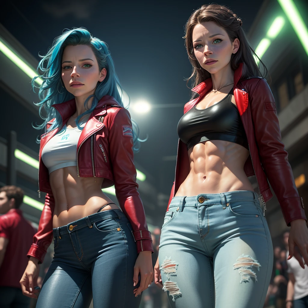 (Alicia Vikander:Evangeline Lilly), green light, glowing eyes, pov below, wind,, masterpiece, best quality, 1girl, cool, serious, medium breasts, long hair, blue hair, red leather jacket, crop top, tight jeans, green eyes, abs