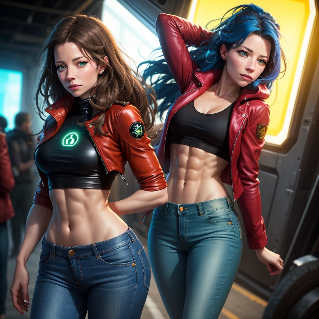 (Alicia Vikander:Evangeline Lilly), green light, glowing eyes, pov below, wind,, masterpiece, best quality, 1girl, cool, serious, medium breasts, long hair, blue hair, red leather jacket, crop top, tight jeans, green eyes, abs