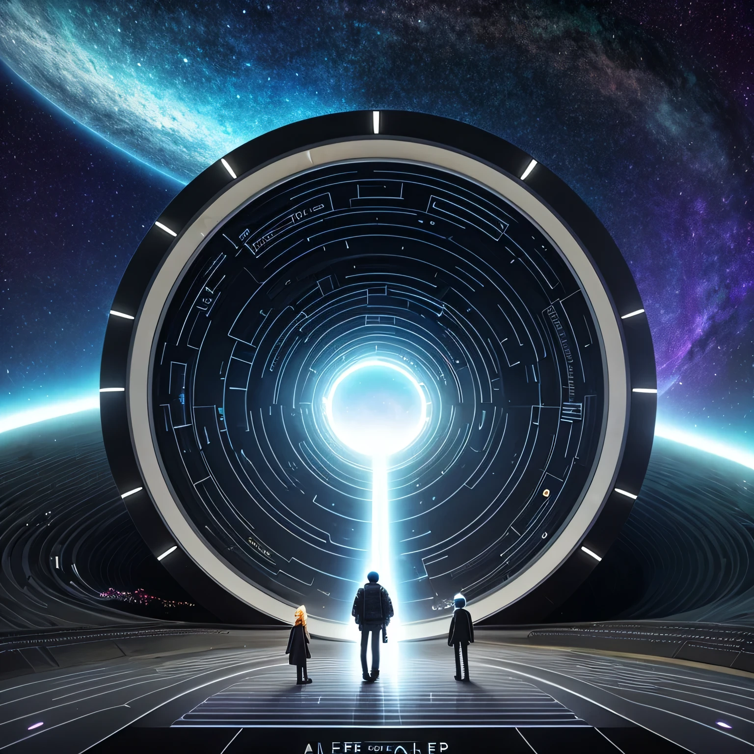 The Alafed family stands in the tunnel,The background is a black hole, portal to outer space, Lost in the liminal space, Interstellar Infinity Portal, 3 d render Bepple, Majestic interstellar gateway, portal in space, Inspired by Beeple, Colossus Stargate, wormhole, author:Bepple, Bepple |