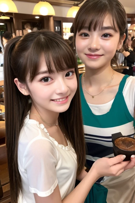 NFSW、Tabletop、masterpiece、One Girl、Front view from the front、Japanese、Very young and pretty woman、(The cutest girl in the world)、15-year-old student、T-Shirts、Chiffon skirt、Very elaborate costumes、Smiling at the cafe、Scrunchie、Thin Necklace、Attractive person、Super cute face、Glossy Lips、Double eyelids on both eyes、 Natural Makeup、Shiny and smooth light brown hair、Bans、Short Twin Tails、Asymmetrical bangs、Center image、8k resolution、Advanced Details、Detailed hairstyle、Detailed face、Great cinema lighting、Octane Rendering、Vibrant、Ultra-realistic、Perfect limbs、Perfect Anatomy、Selfie
