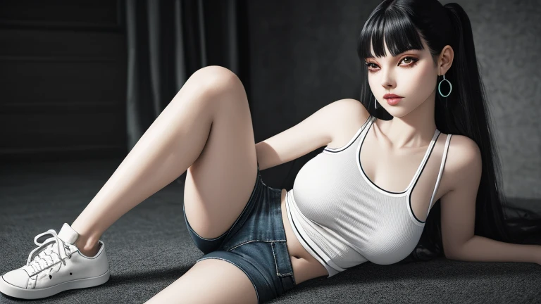 Ultra realistic, real girl, 16K, best quality, High resolution, hot atmosphere, dream atmosphere, 1 girl, tall, 18 years old, Long messy black hair, cute bangs over the forehead, evil eyes, sexy eyes look, skin being illuminated, realistic shading, pale-white skin, light-grey skin, Realistic textures, wearing alternative black outfit, earrings, fit slim tall body, big natural breasts, realistic slim hot body, tall and hot girl, seductive, sensual posture, big hips, thick legs, torn clothes, hot thick legs, sexy legs, white sneakers, full body, multiple sexy positions in different types of angles, blurred background, Depth, dream aesthetic, Atmosphere of dream, cinematic lighting. 