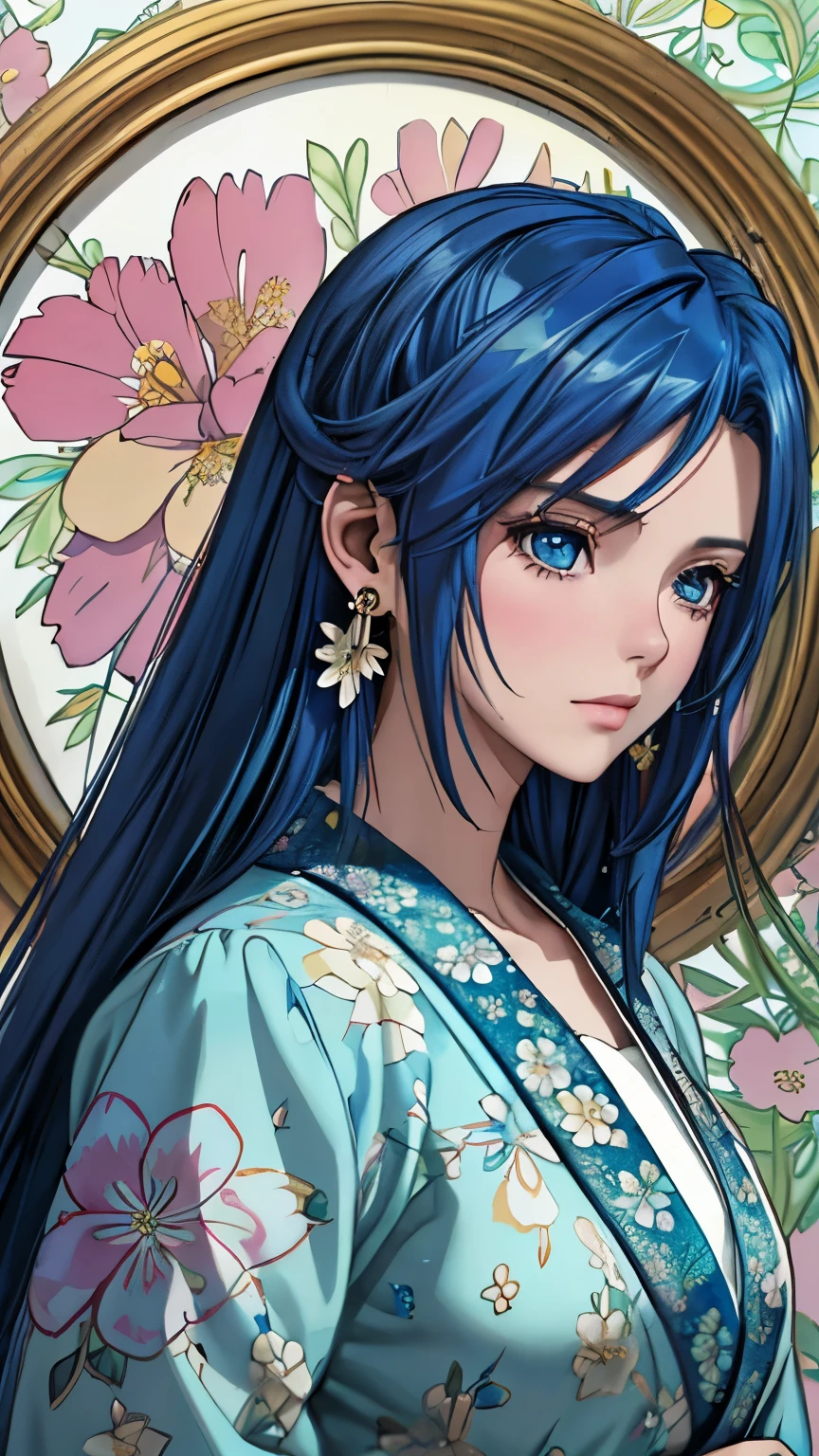 (​masterpiece, top-quality, top-quality, Official art, Beautifully Aesthetic:1.2), blue eyes, (highest quality, masterpiece painting:1.3), immature woman, 16 years old, (half body shot), masterpiece, ultra high resolution, (((Flower frame, A lot of flowers in the frame, round frame, A beautiful girl fits into the frame))), Decorative panel, abstract art, (shot from a side angle), (Photoreal:1.0), ((blue hair)),straight hair, beautiful shining hair, white and shining skin, Painterly, sketch, Texture, 超A high resolution, solo, Beautuful Women, A highly detailed, (Fractal Art:1.1), (colourfull:1.1), (florals:1.6), The most detailed, (Zentangle:1.2), (Dynamic Poses), (Abstract background:1.3), (shinny skin), (Many colors:0.8), (earrings:1.4), (pluma:0.9), Taisho romance