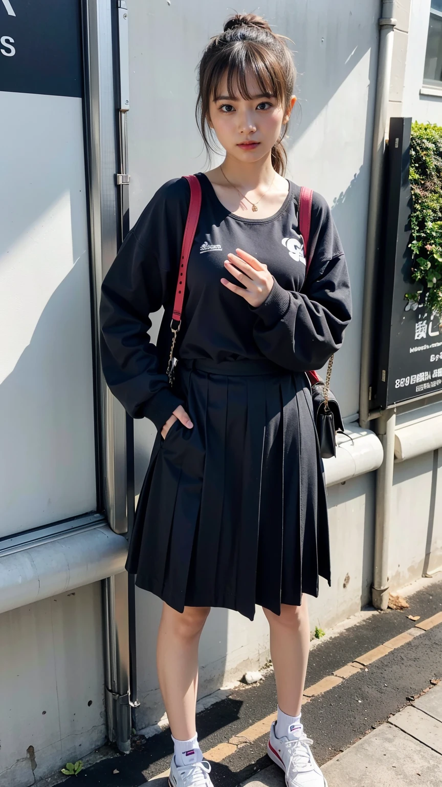 (8k、RAW Photos、highest quality、masterpiece:1.2)、(Realistic、Realistic)、1 girl、((sneakerini skirt、Casual clothing、Large Breasts、View from the front、Standing with hands on hips))、Lots of eyelashes、Glowing eyelids、skeletally correct