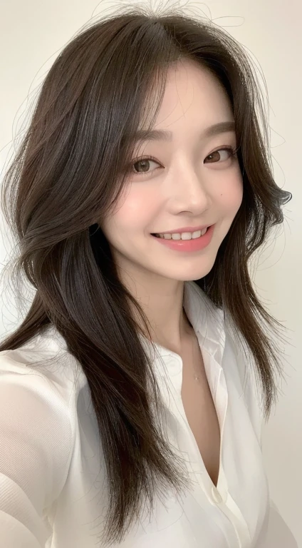 ((best quality, 8K, masterpiece: 1.3)), Korean female hair model. perfect slim abs: 1.2, ((Very detailed hair expression.layered hairstyle,  1.2)), (White Button Long Shirt: 1.1), Highly detailed face and skin textures, detailed eyes, double eyelid, Front shot of a person smiling softly looking at the camera.shoulder shot,white background