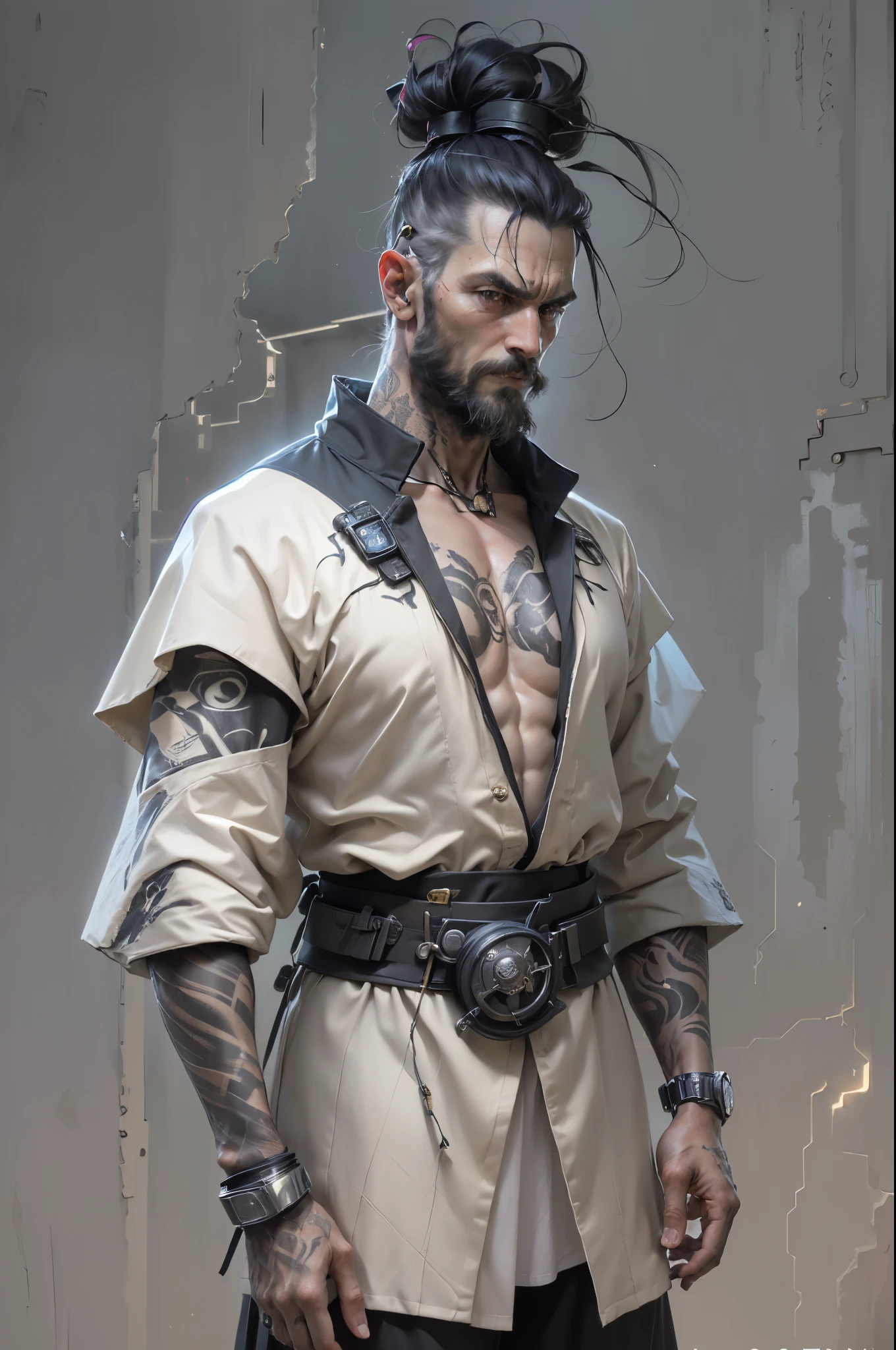(((Muscular, mature man, 45 years old, perfect body)), ((Full body, slim, strong body, wiry), (Long black hair in a bun), (black very short beard), (Long hair in a bun )), ((young, modern clothes), (expressive eyes))_((prince, powerful, heroic), (hands decorated with belts, bracelets))_((Cold, layered clothes, futuristic cyberpunk costume, librarian, writer, bulky clothes, futuristic clothes), [Liam Neeson], (librarian, priest), (tech tent), (edgy tattoos, stylized tattoos), (futuristic clothes), (tight pants, thermal underwear, ROBE, raincoat with hair, cold, inspired by Adrienne Henchne Deaki), (pants, Cold, hair cape inspired by Olivia de Berardinis))_((surrealism: 1.3), (best, quality), (masterpiece: 1.2), (realism: 1.2), (Best quality )))_((Highest quality, 16K Full HD, cinematic rendering),(Create a work of art))_(surrealism: 1.3), (large, high quality)).