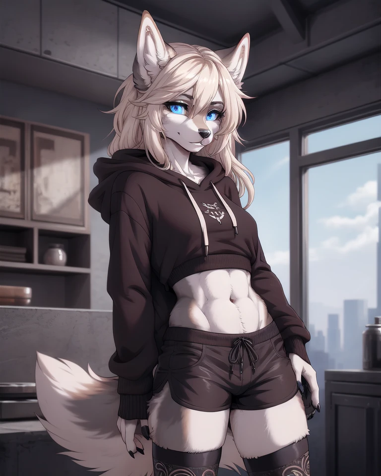 a (fluffy anthro furry) wolf girl with a slender figure and sky blue eyes wearing a blue hoodie black shorts and black thigh highs highly detailed, finely drawn, anime style, sfw, detailed remarkable eyes
BREAK
(stylized Anime artwork, (brown outline), a1 pictures style), detailed, masterpiece, best quality, detailed background