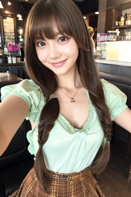 NFSW、Tabletop、masterpiece、One Girl、Front view from the front、Japanese、Very young and pretty woman、(The cutest girl in the world)、-yeld strts、Chiffon skirt、Very elaborate costumes、Smiling at the cafe、Scrunchie、Thin Necklace、Attractive person、Super cute face、Glossy Lips、Double eyelids on both eyes、 Natural Makeup、Shiny and smooth light brown hair、Bans、Short Twin Tails、Asymmetrical bangs、Center image、8k resolution、Advanced Details、Detailed hairstyle、Detailed face、Great cinema lighting、Octane Rendering、Vibrant、Ultra-realistic、Perfect limbs、Perfect Anatomy、Selfie