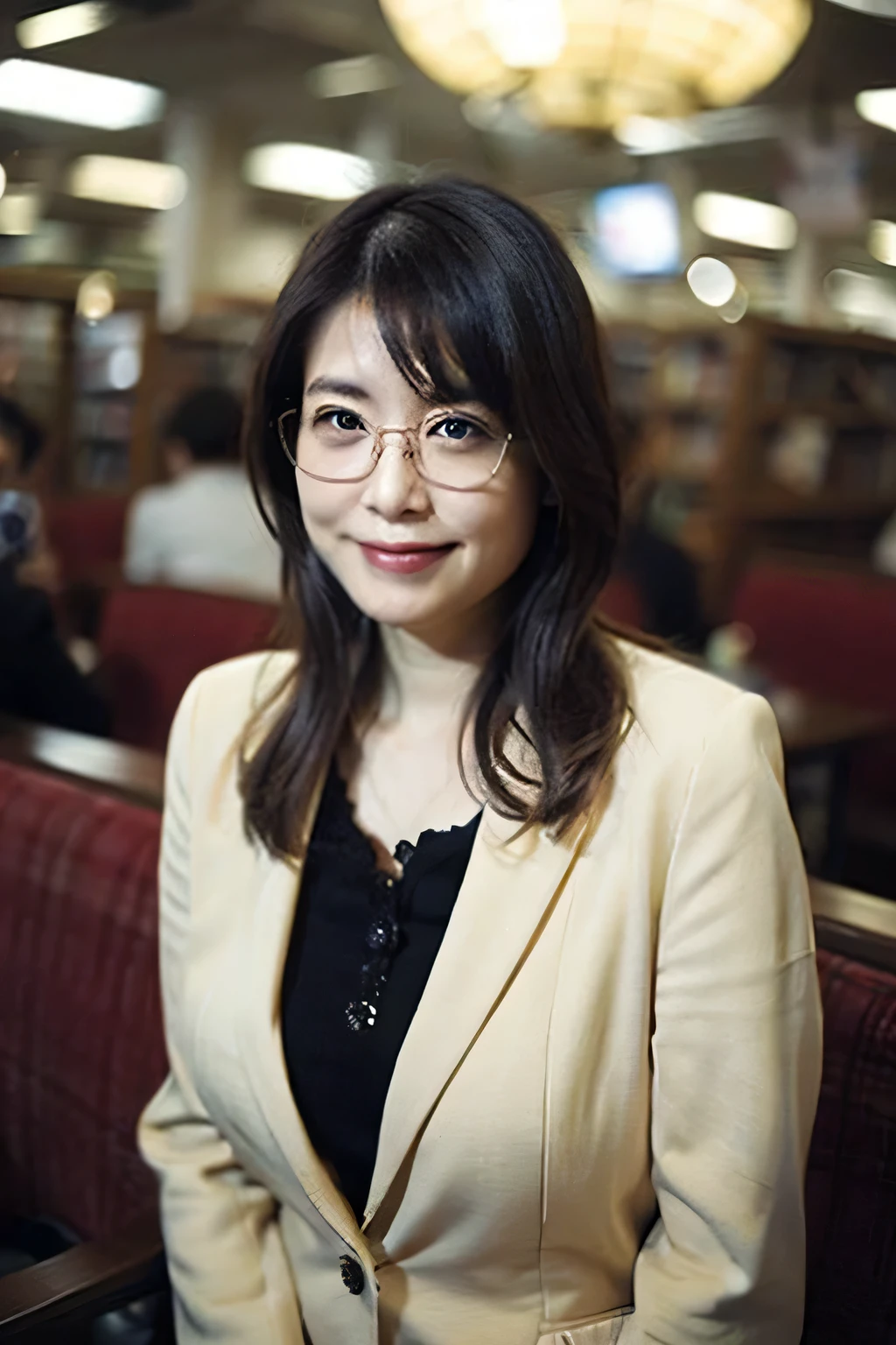 (8k、Raw photo、highest quality、masterpiece:1.2)、(Realistic、Photorealistic:1.37)、Ultra-detailed、超A high resolution、1 girl、40 years old、Seeing the viewer、Beautifully detailed face、A smile with slightly visible teeth、librarian、Beautifully detailed skin、Skin Texture、Floating Hair、Tie your hair together、Shapely large breasts、library、(((Black square glasses )))、Human whole body、Black Hair、((Embarrassing appearance))、Japanese、Hang your employee ID card from your neck、Highest quality、Shooting with a wide-angle lens、Disheveled clothing、(Emphasize large breasts)、In underwear、sexy