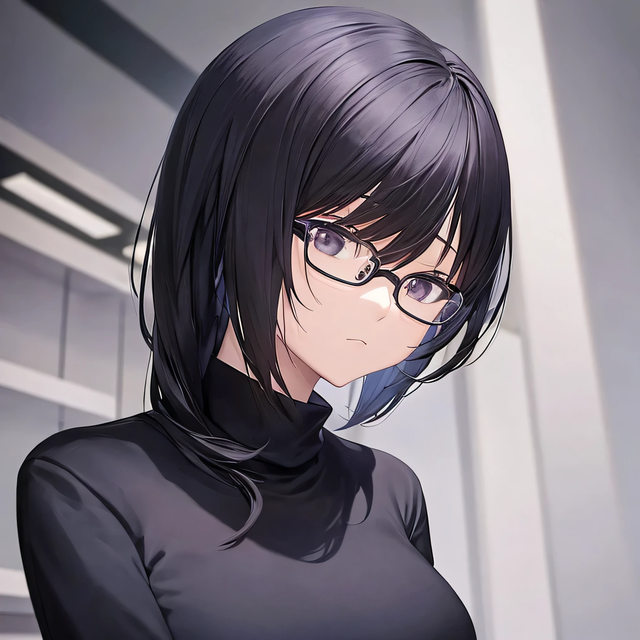 an Asian girl, black turtleneck, glasses, white hair, perfect, facing forward, masterpiece, no background, without poses, hair a little messy, shy