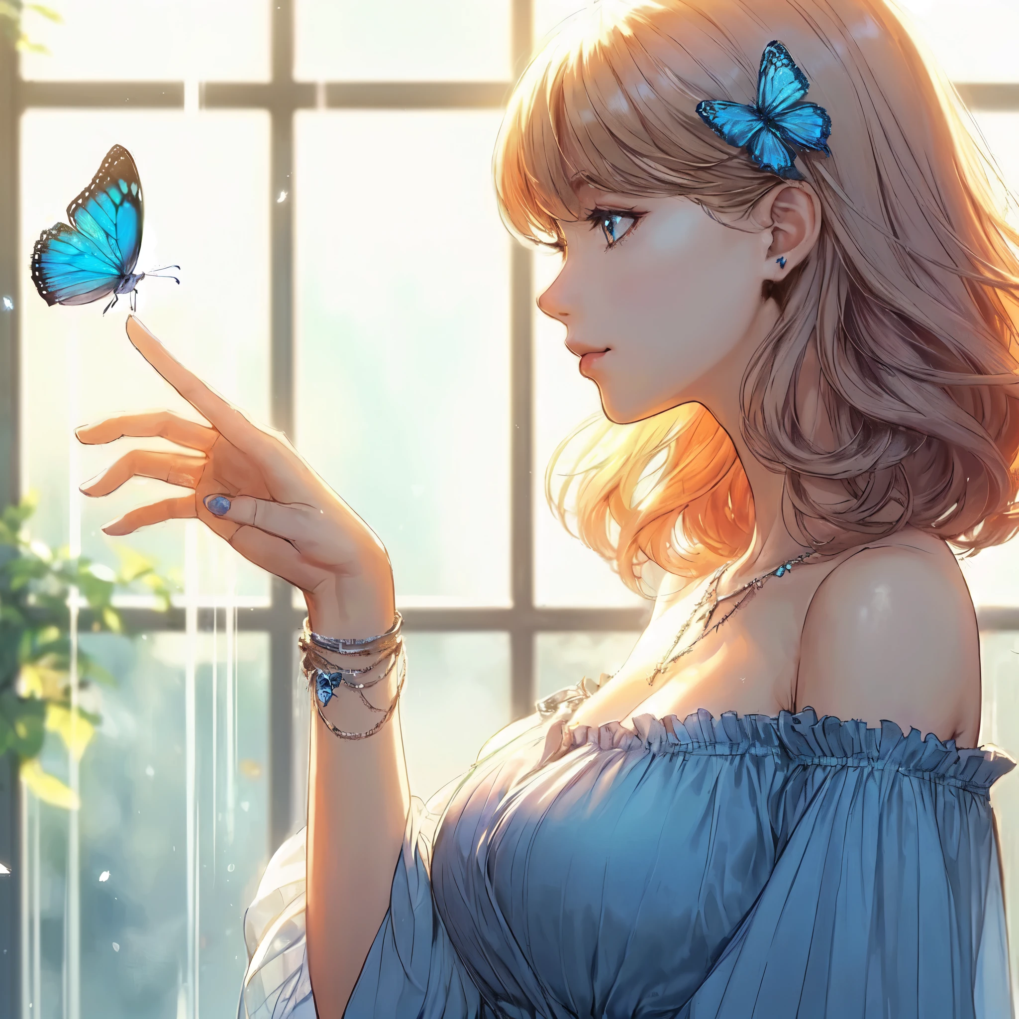 1lady solo, profile, (one hand up) (extending index finger gently), (blue butterfly landing on index finger), (cool and stylish dress), mature female, /(beige blond hair/) bangs, (light smile:0.8), (masterpiece best quality:1.2) delicate illustration ultra-detailed, large breasts BREAK (blue butterfly perching on index finger), (realistic blue butterfly:1.1), (glowing wings:1.1) BREAK (stylish greenhouse) indoors, plants, (soft lighting) noon, detailed background