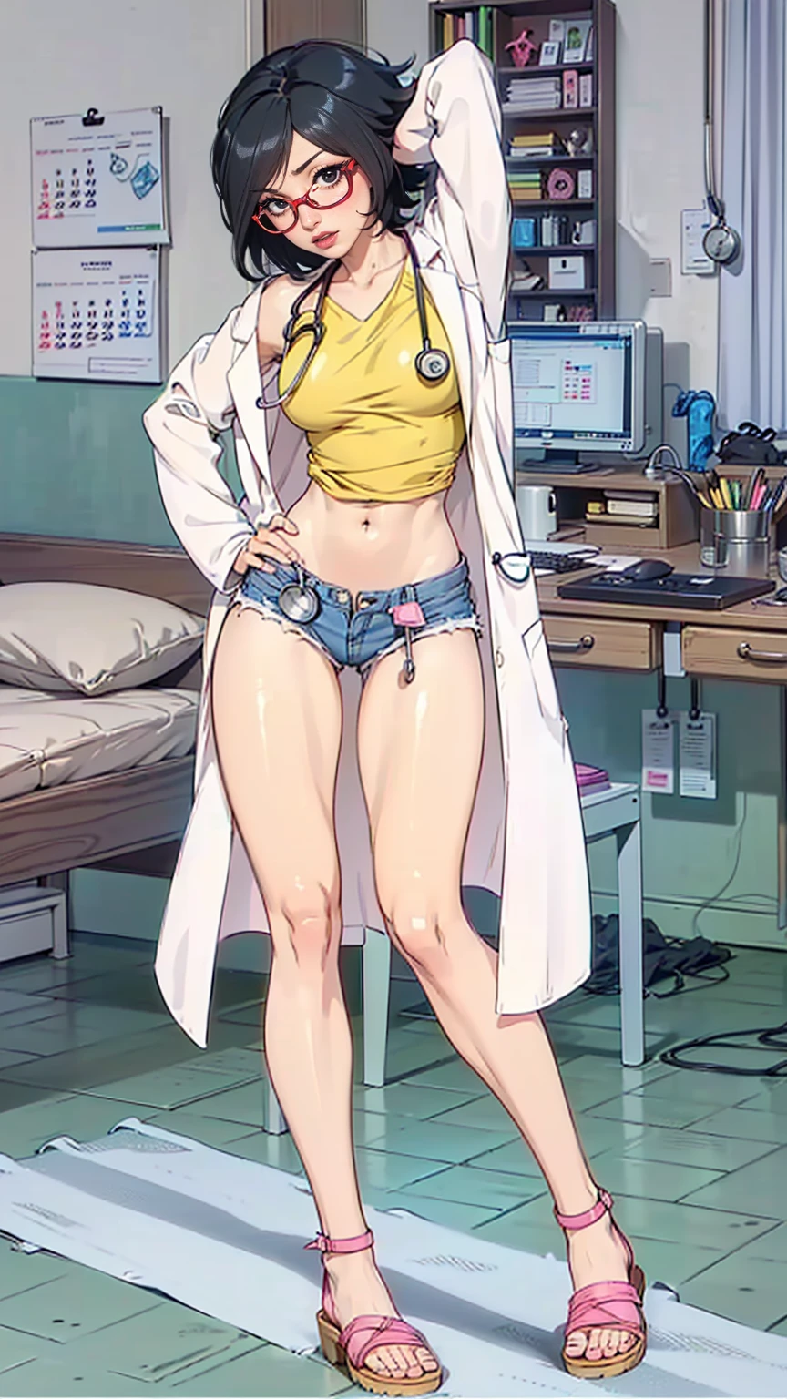 (1girl, Alone, alone), (WakatsukiRisa, Sarada uchiha, black hair, short hair, Black eyes, red glasses), ((Alone, (1woman,pink lipstick, Black eyes), extremely detailed , Soft ambient lighting, 4K, perfect eyes, a perfect face, Perfect Lighting, the 1 girl)), ((fitness, , shapely body, athletic body, toned body)) , ((woman doctor, white coat, denim shorts, yellow shirt, stethoscope, brown sandals, bed, computer, calendar, desk, sockets, kanban, doctor's office background))