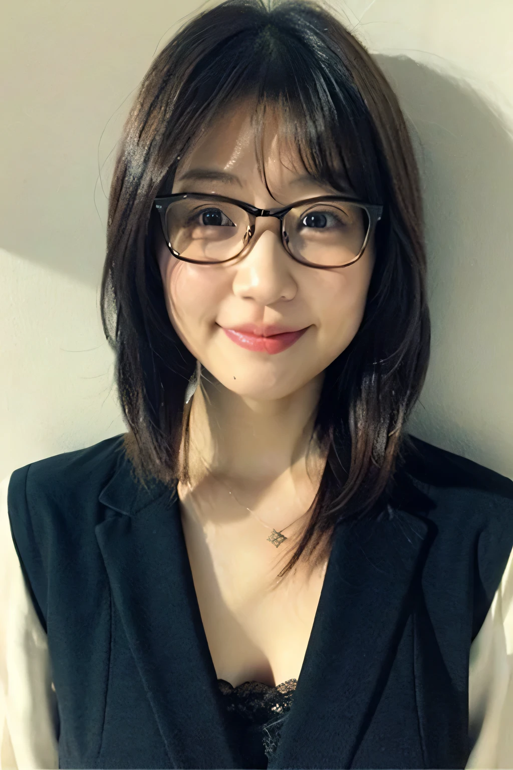 (8k、Raw photo、highest quality、masterpiece:1.2)、(Realistic、Photorealistic:1.37)、Ultra-detailed、超A high resolution、1 girl、40 years old、Seeing the viewer、Beautifully detailed face、A smile with slightly visible teeth、Beautifully detailed skin、Skin Texture、Shortcuts、Shapely large breasts、library、(((Black square glasses )))、Human whole body、Black Hair、((Embarrassing appearance))、Japanese、Highest quality、(Emphasize large breasts)、In underwear、sexy、Take off your jacket
