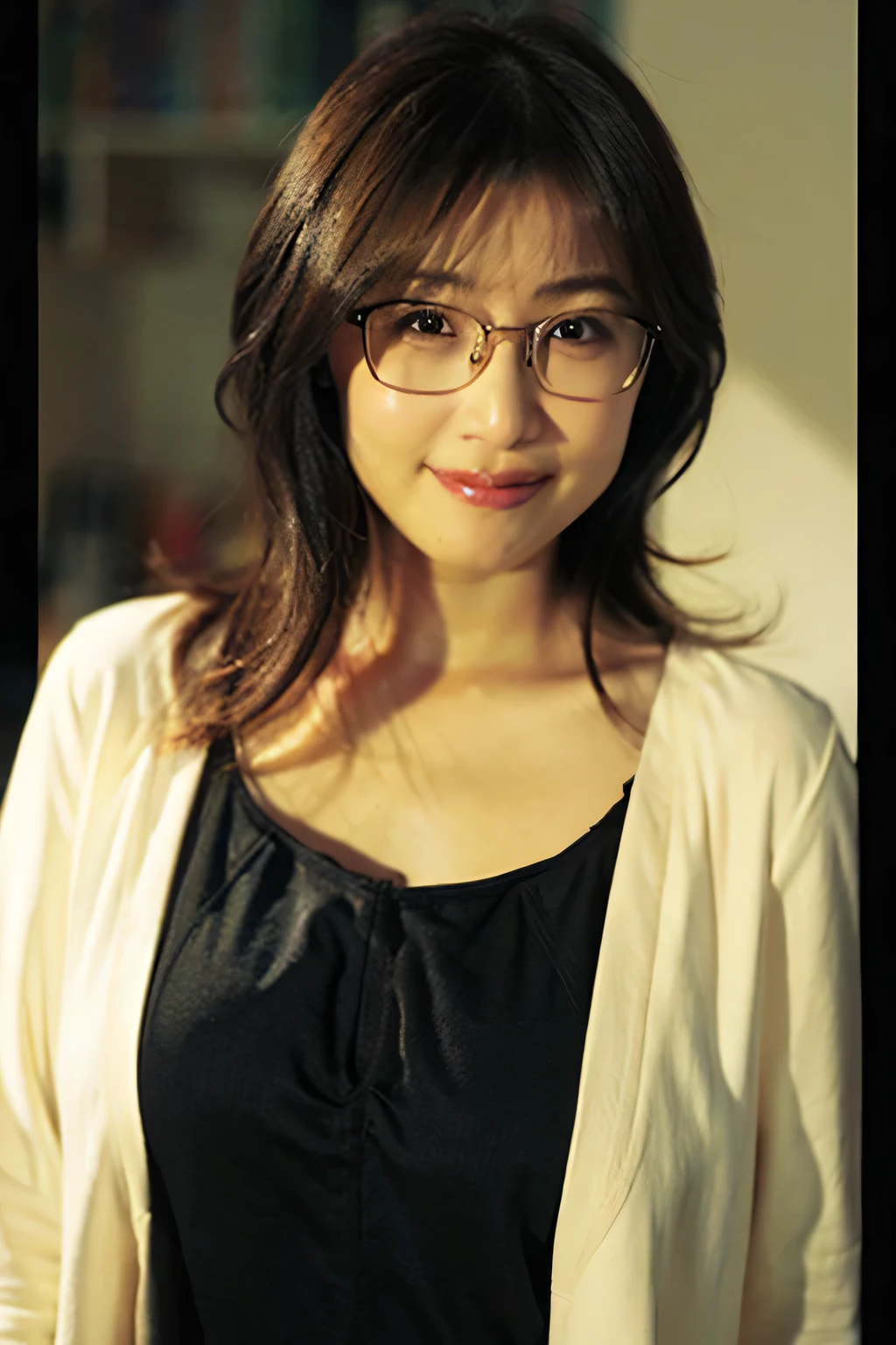 (8k、Raw photo、highest quality、masterpiece:1.2)、(Realistic、Photorealistic:1.37)、Ultra-detailed、超A high resolution、1 girl、40 years old、Seeing the viewer、Beautifully detailed face、A smile with slightly visible teeth、Beautifully detailed skin、Skin Texture、Shortcuts、Shapely large breasts、（library）、(((Black square glasses )))、Human whole body、Black Hair、((Embarrassing appearance))、Japanese、Highest quality、（Emphasize large breasts）、In underwear、sexy、Take off your jacket