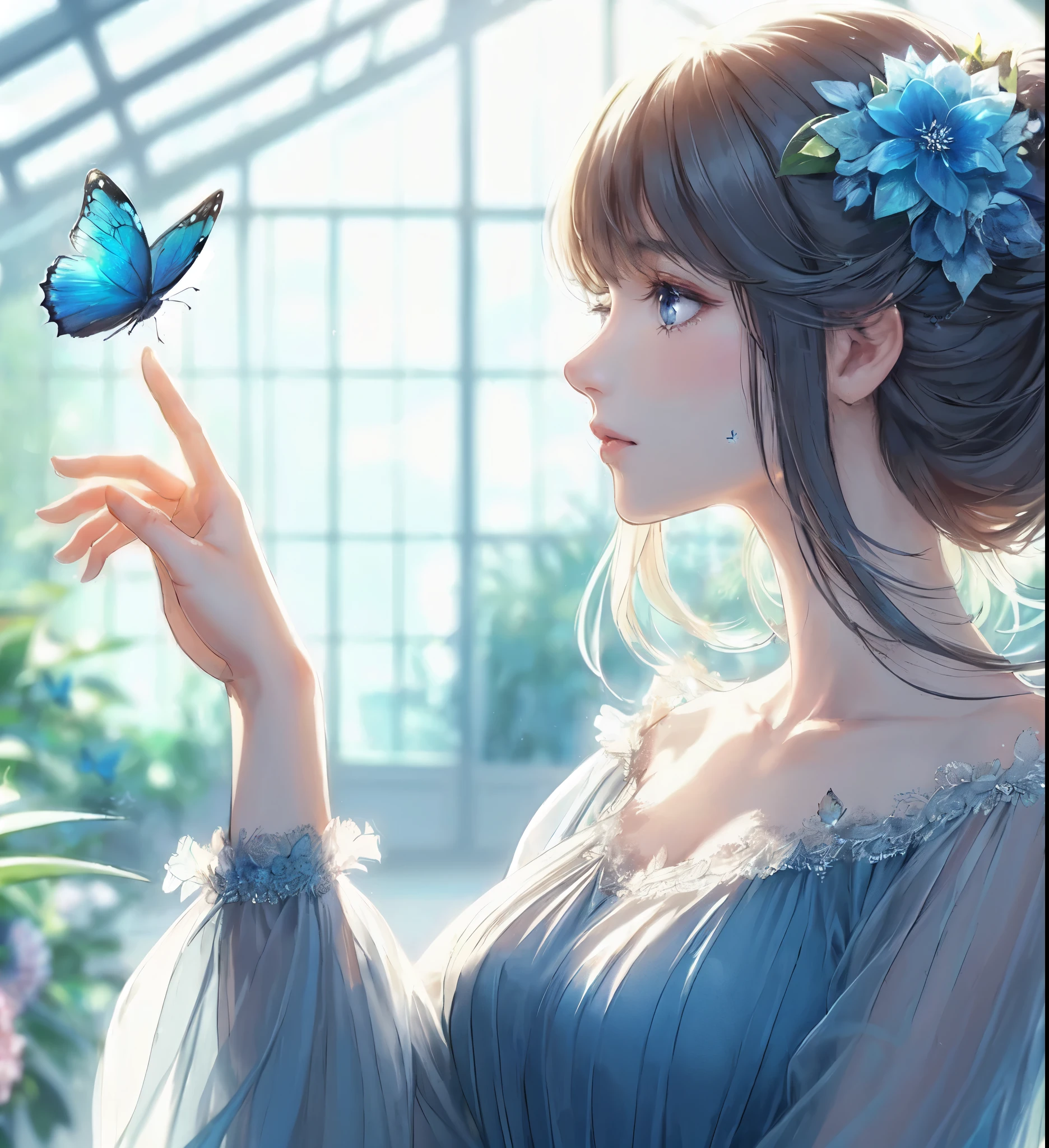 1lady solo, profile, (one hand up) (extending index finger gently), (blue butterfly landing on index finger), (cool and stylish dress), mature female, /(light black hair/) bangs, (light smile:0.8), (masterpiece best quality:1.2) delicate illustration ultra-detailed, large breasts BREAK (blue butterfly perching on index finger), (realistic blue butterfly:1.1), (glowing wings:1.1) BREAK (stylish greenhouse) indoors, plants, (soft lighting) noon, detailed background