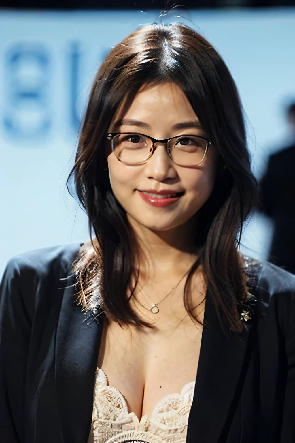 (8k、Raw photo、highest quality、masterpiece:1.2)、(Realistic、Photorealistic:1.37)、Ultra-detailed、超A high resolution、1 girl、40 years old、Seeing the viewer、Beautifully detailed face、A smile with slightly visible teeth、Beautifully detailed skin、Skin Texture、Shortcuts、Shapely large breasts、(archive)、(((Black square glasses )))、Human whole body、Black Hair、((Embarrassing appearance))、Japanese、Highest quality、(Emphasize large breasts)、In underwear、sexy、Take off your jacket