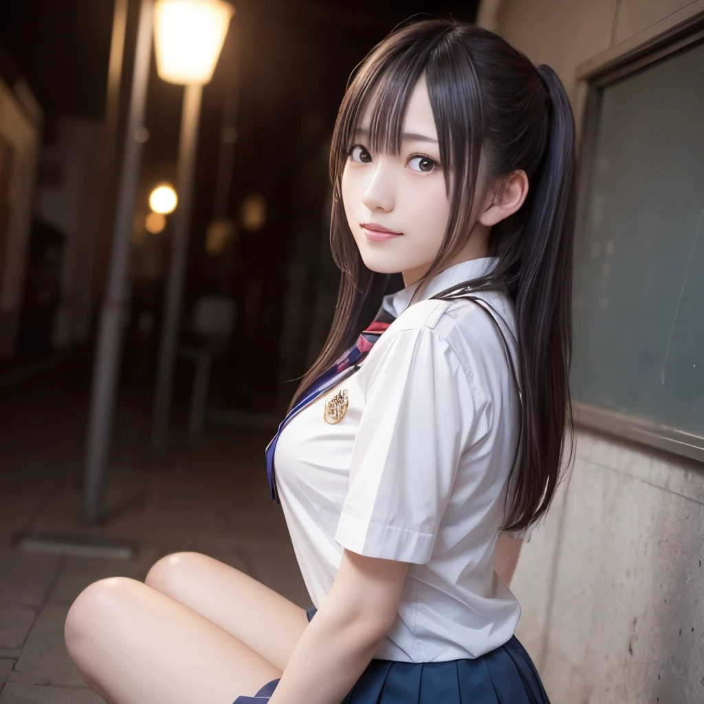 1 girl, So cute, Great face and eyes, (Beautiful lovely smile), (Very detailedな美しい顔), bright shining lips, Keep staring at me, so beautiful, (school uniform:1.3), Open chest、Cleavage、Big Breasts、(highest quality:1.4), (super high quality), (Very detailed), (Surreal, Photorealistic:1.37), Real skin texture, 8K wallpapers incorporating highly detailed CG, RAW Photos, Professional photos, Cinema Lighting,Back view、turn around、Dark blue skirt、loafers、、Knee-high socks