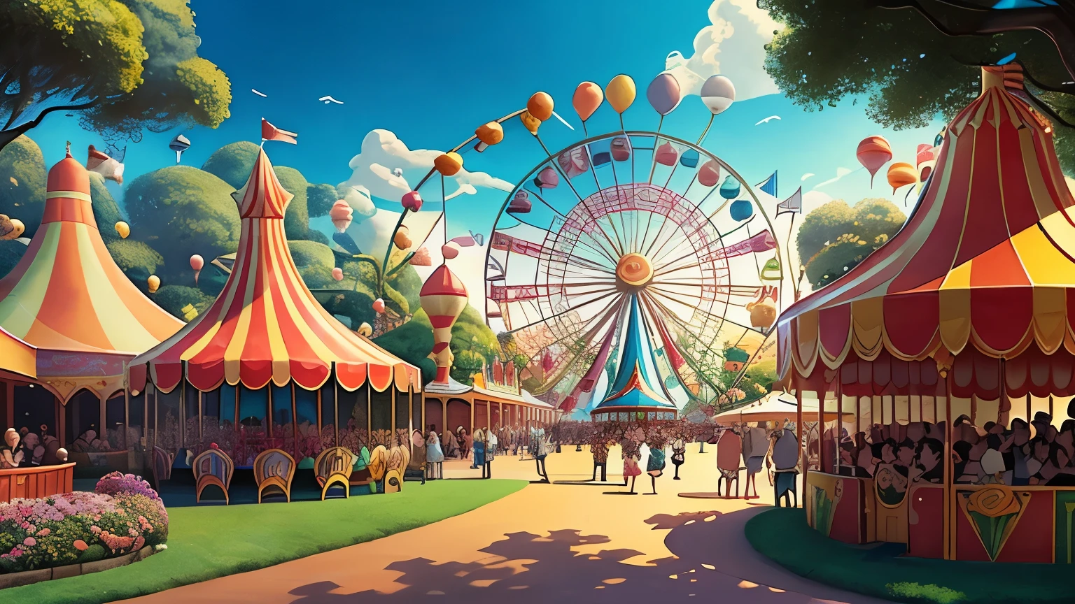 A fun and lively amusement park scene in the daytime, filled with vibrant greenery and the happiness of countless visitors. The intricately designed attractions and structures bear the signature of Disney Pixar and Dreamworks in their meticulously crafted 2D style. Each detail is worth exploring as the circus carnival comes alive, playful and full of delight.
