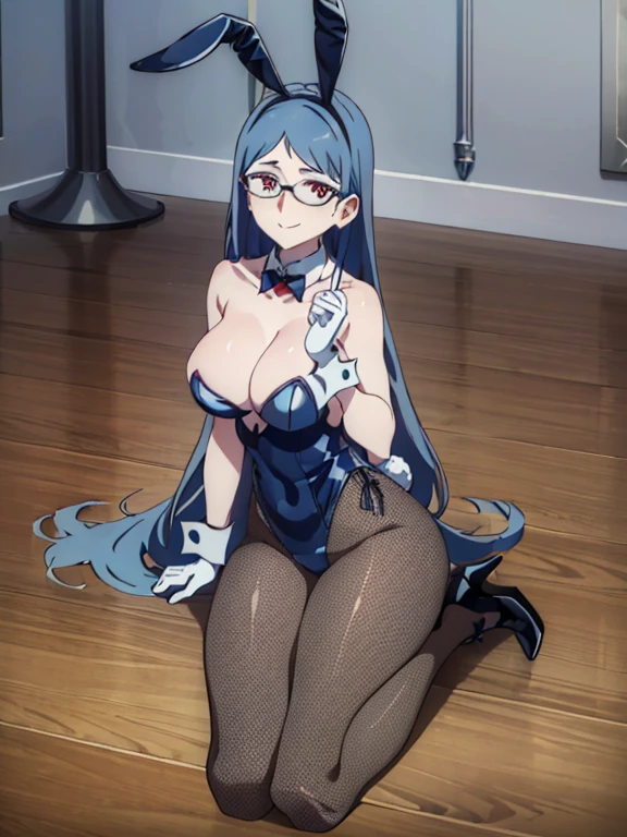 1girl, solo, (masterpiece, best quality:1.4),((best quality)), ((highly detailed)), masterpiece, absurdres, (detailed eyes, deep eyes), from beside, Ursula Callitis, blue hair, red eyes, white pupils, glasses, smiling, breasts, bunny, rabbit ears, dark blue leotard, detached collar, aqua bow, fishnet pantyhose, wrist cuffs, white gloves, dark blue high heels, full body shot
