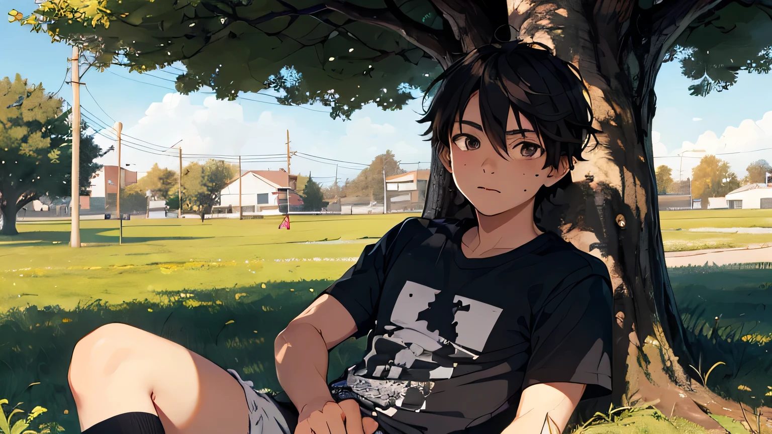 15 year old boy thinking, of Brown eyes, with a mole on the chin on the right side, camiseta y short de color negro, sitting under a tree, atardecer con tonos morados, estilo Anime 2D