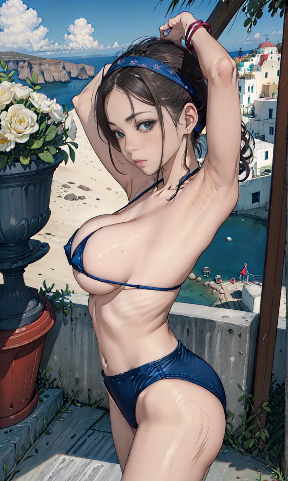 (masterpiece, 最好of质量, Ultra Detailed, 8K Wallpaper, Realistically), (Describe the character in detail), 1 girl, Curved but slender, 巨大of乳房,Big Breasts,Big Ass, Side chest,curls, Headband, bracelet, Printed colorful micro bikini, Santorini Beaches, Raise your arms, Compare, of, 自然柔和of光线, Skyline,