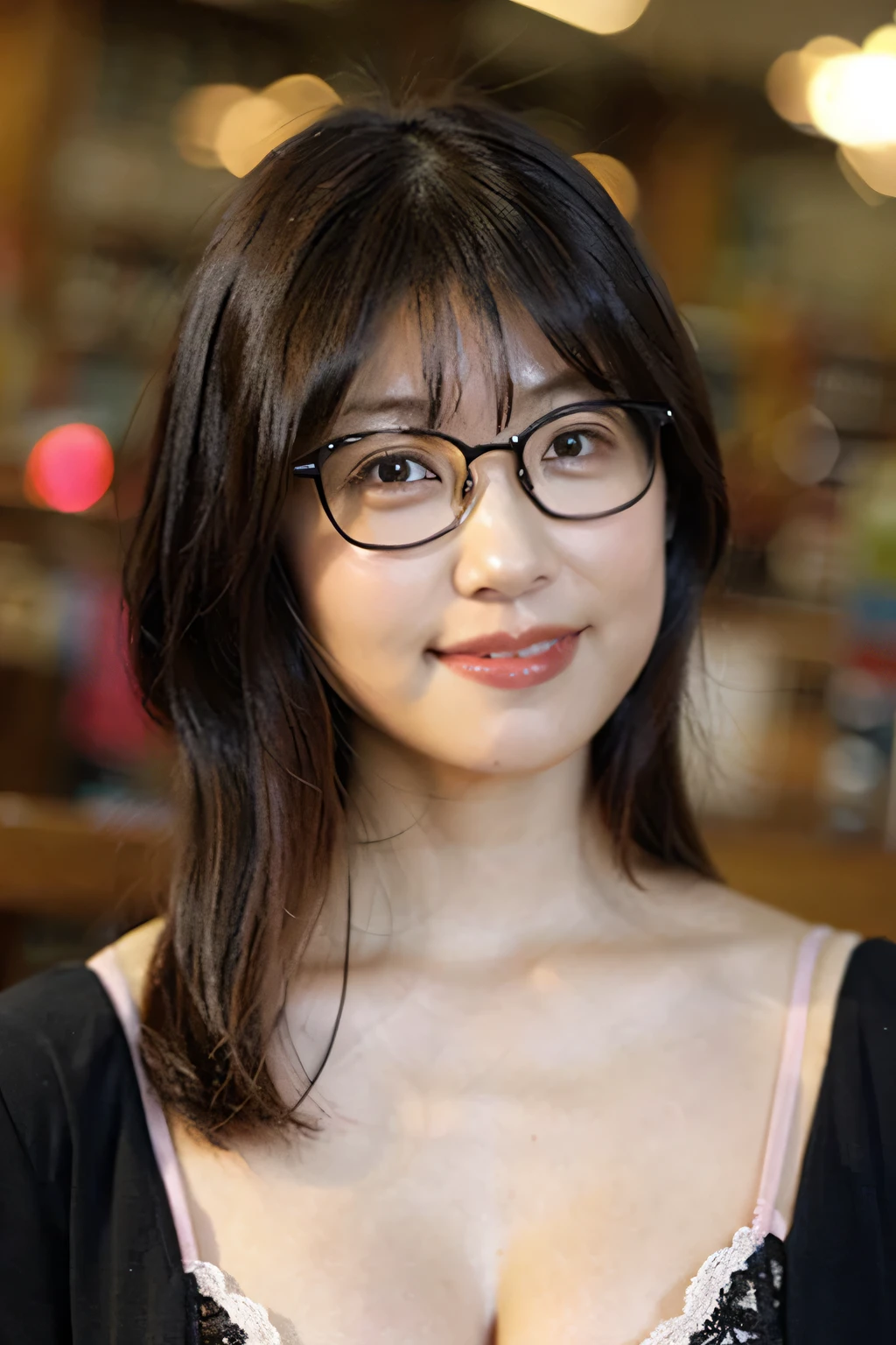 (8k、Raw photo、highest quality、masterpiece:1.2)、(Realistic、Photorealistic:1.37)、Ultra-detailed、超A high resolution、1 girl、40 years old、Seeing the viewer、Beautifully detailed face、A smile with slightly visible teeth、Beautifully detailed skin、Skin Texture、Shortcuts、Large Breasts、((library))、(((Black square glasses )))、Human whole body、Black Hair、((Embarrassing appearance))、Japanese、Highest quality、（Emphasize Large Breasts）、((In underwear))、sexy、