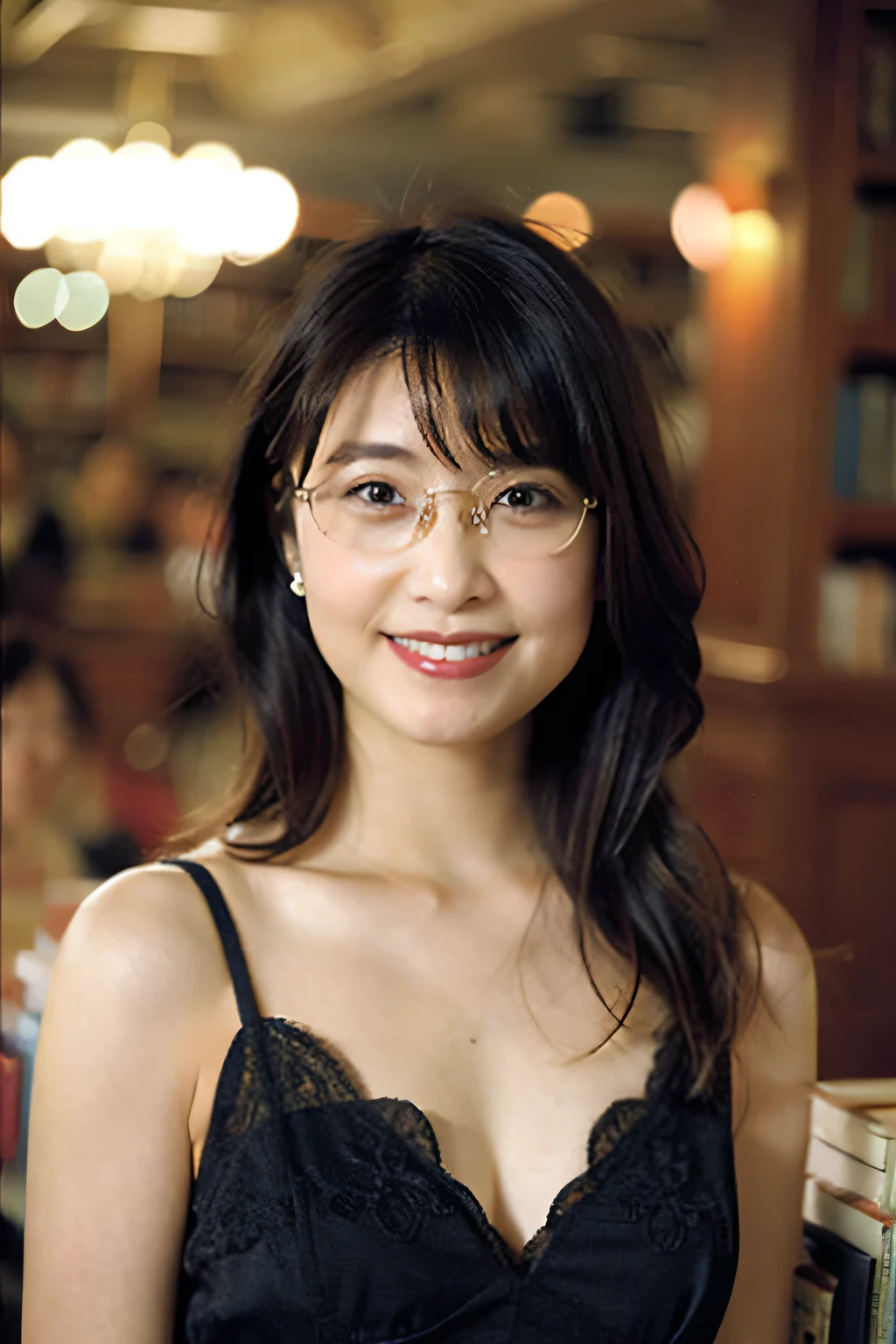 (8k、Raw photo、highest quality、masterpiece:1.2)、(Realistic、Photorealistic:1.37)、Ultra-detailed、超A high resolution、1 girl、40 years old、Seeing the viewer、Beautifully detailed face、A smile with slightly visible teeth、Beautifully detailed skin、Skin Texture、Shortcuts、Large Breasts、((library))、(((Black square glasses )))、Human whole body、Black Hair、((Embarrassing appearance))、Japanese、Highest quality、（Emphasize Large Breasts）、((lingerie))、sexy、