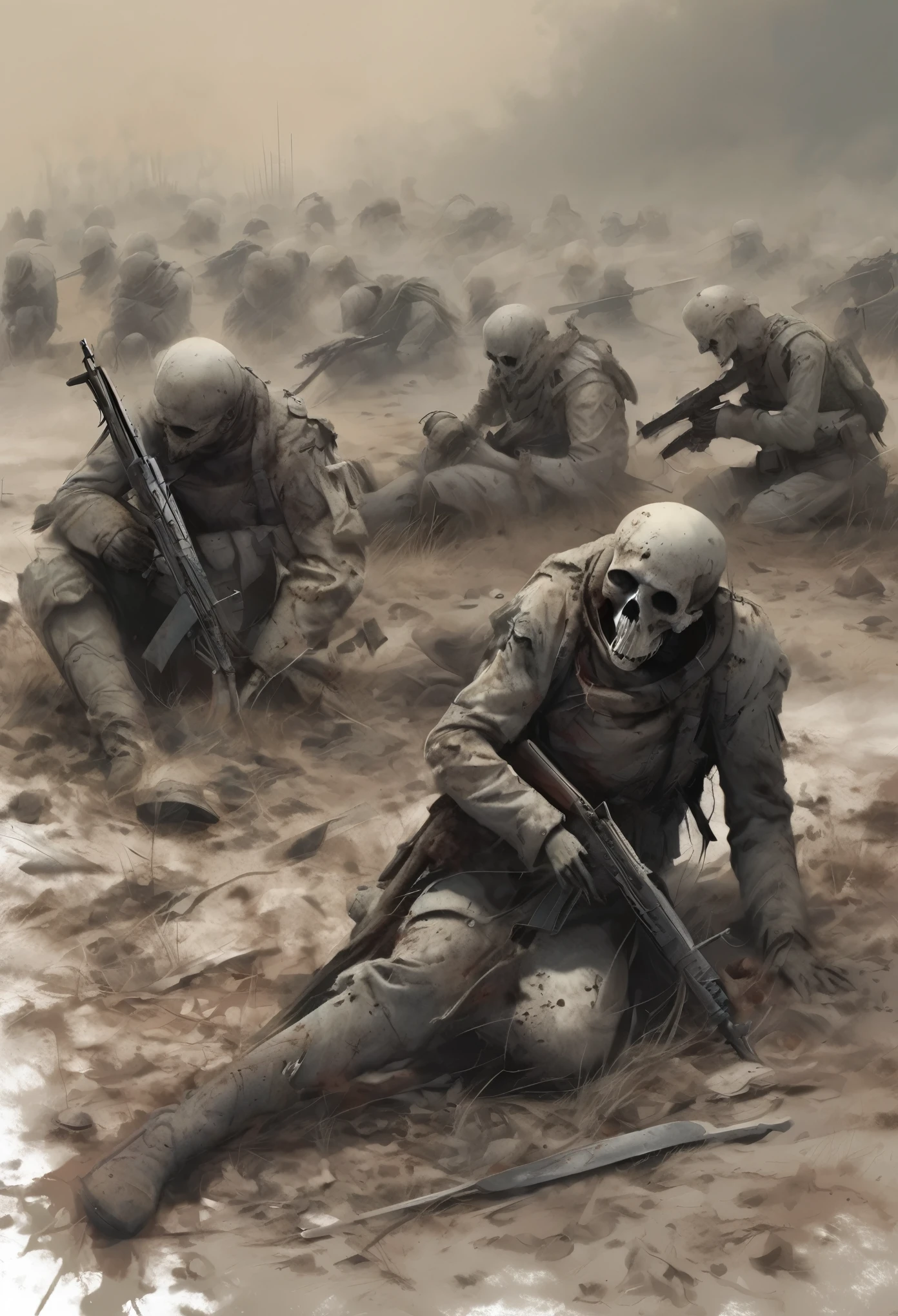 the solemn aftermath of a brutal battle, a desolate battlefield littered with the lifeless bodies of fallen warriors, from these corpses, spectral soldiers begin to rise, their ghostly, ethereal forms rendered with the evocative textures of the dry brush style, 