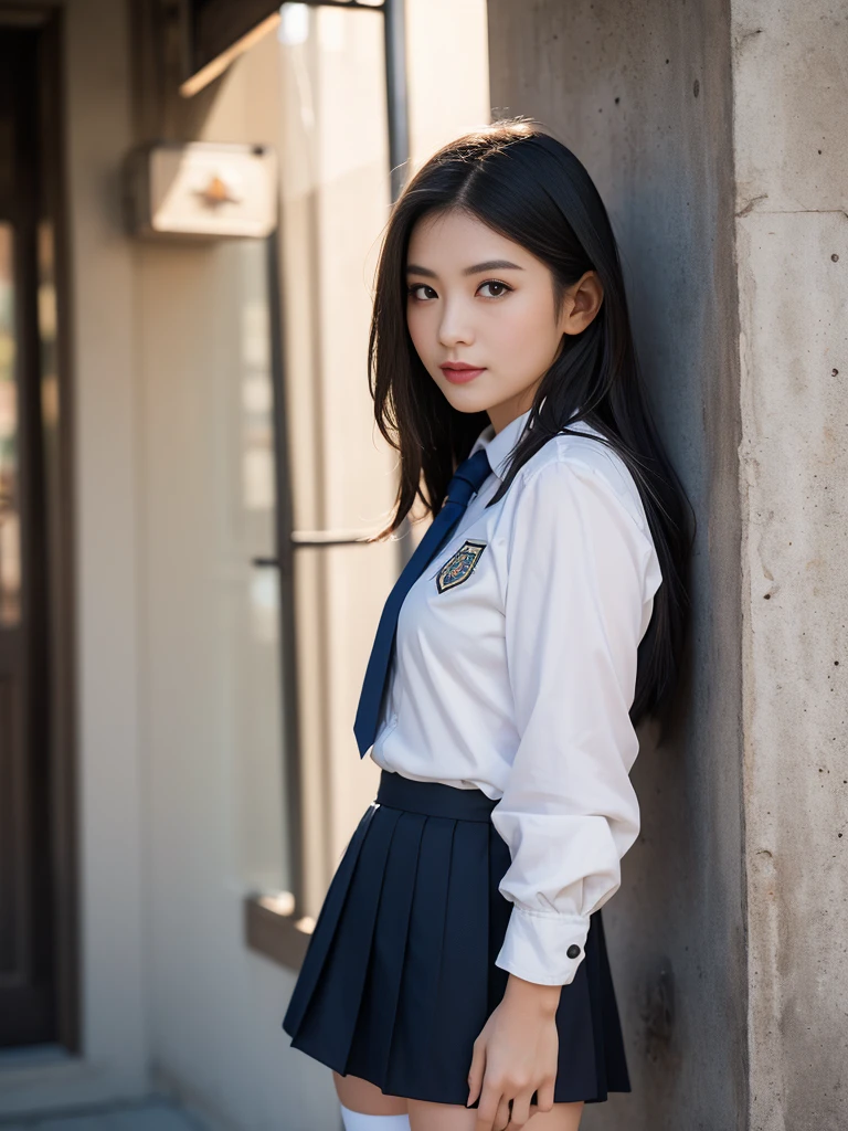 1girl,(best quality, highres:1.1),(realistic:1.4),(cowboy shot:1.3),detailed,clear sharp focus,highly detailed,(masterpiece, sidelighting, finely detailed beautiful eyes:1.2),hdr,professional lighting,amazing shadows,(school uniform:1.2),white blouse,black_skirt,socks_over_thighhighs,pantyhose,outdoors,shade,very long hair,wind,(smile:0.8),looking at viewer,hair_ornament,nikon af-s 105mm f/1.4e ed,relying on something,rely on,wall,standing against the wall,backlight,lens_flare,backed against the wall,