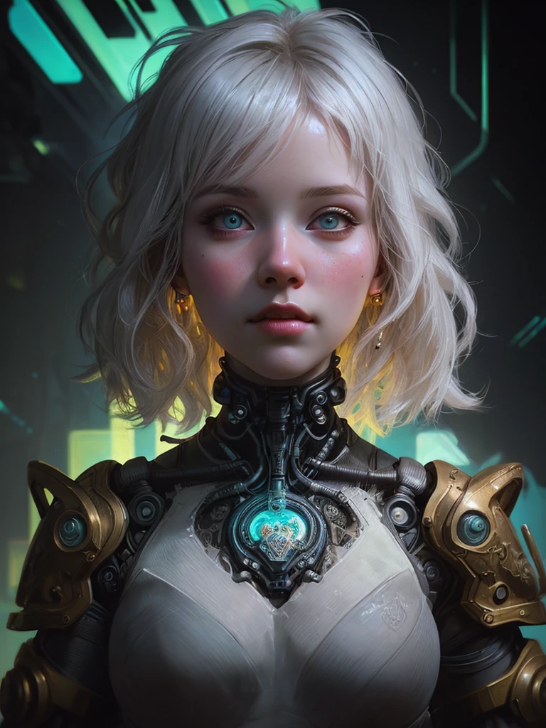 stunning photorealistic portrait photograph of a beautiful cyberpunk girl, albino, white shapeless cyberpunk hair, white eyebrows, baroque intricate cybernetic armor, hyperdetailed painting, luminism, Bar lighting, complex, 4k resolution concept art portrait by Greg Rutkowski, Artgerm, WLOP, Alphonse Mucha, little fusion, realistic fantasy, fractal isometrics details bioluminescence, beautiful awesome, intricately detailed, cinematic, trending on artstation | Isometric | Centered hypereallistic cover photo awesome full color, dark, gritty, realistic mucha, klimt, 12k