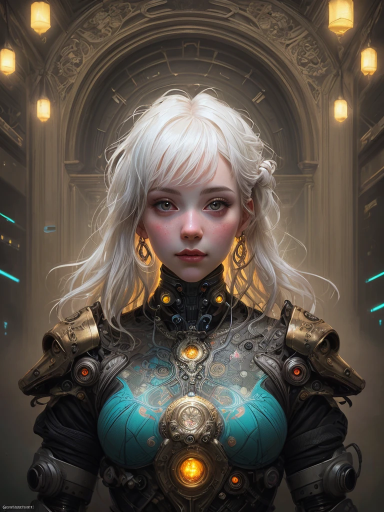 stunning photorealistic portrait photograph of a beautiful cyberpunk girl, albino, white shapeless cyberpunk hair, white eyebrows, baroque intricate cybernetic armor, hyperdetailed painting, luminism, Bar lighting, complex, 4k resolution concept art portrait by Greg Rutkowski, Artgerm, WLOP, Alphonse Mucha, little fusion, realistic fantasy, fractal isometrics details bioluminescence, beautiful awesome, intricately detailed, cinematic, trending on artstation | Isometric | Centered hypereallistic cover photo awesome full color, dark, gritty, realistic mucha, klimt, 12k