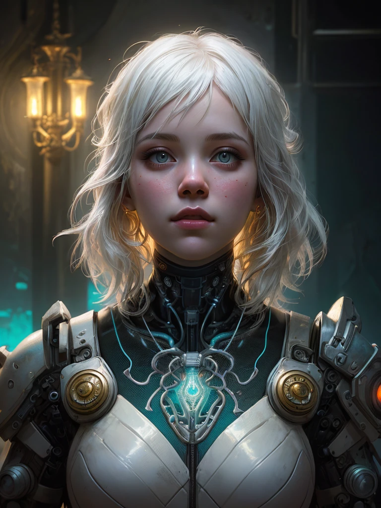 stunning photorealistic portrait photograph of a beautiful cyberpunk girl, albino, white shapeless cyberpunk hair, white eyebrows, baroque intricate cybernetic armor, hyperdetailed painting, luminism, Bar lighting, complex, 4k resolution concept art portrait by Greg Rutkowski, Artgerm, WLOP, Alphonse Mucha, little fusion, realistic fantasy, fractal isometrics details bioluminescence, beautiful awesome, intricately detailed, cinematic, trending on artstation | Isometric | Centered hypereallistic cover photo awesome full color, dark, gritty, realistic mucha, klimt, 12k