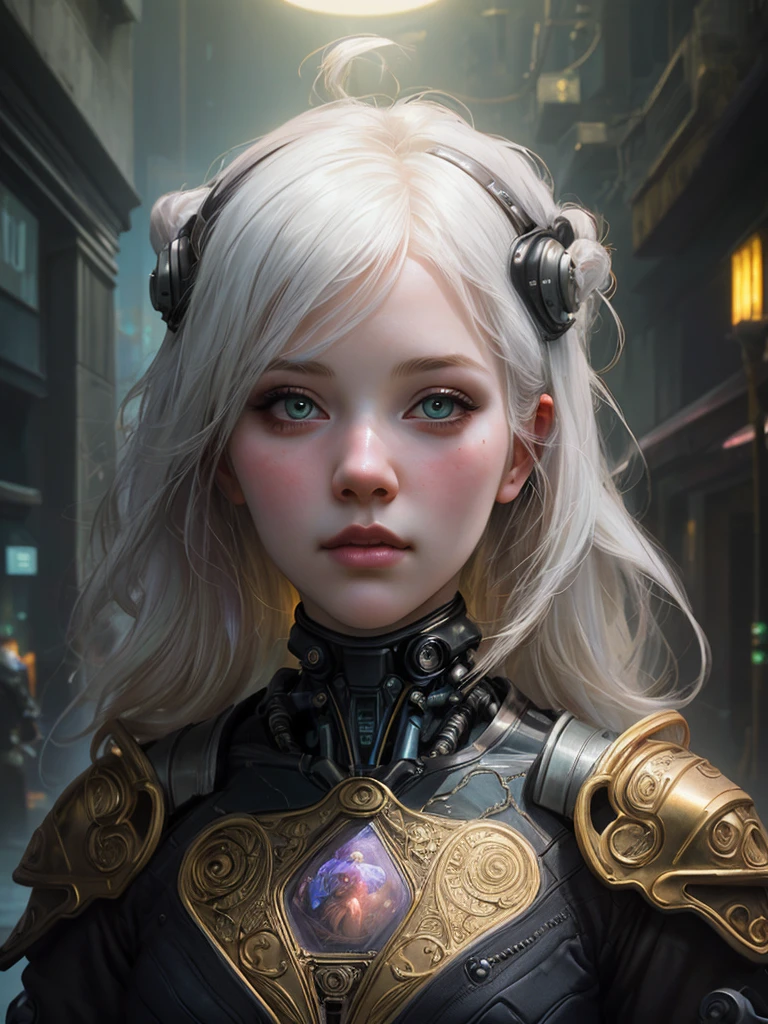 stunning photorealistic portrait photograph of a beautiful cyberpunk girl, albino, white shapeless cyberpunk hair, white eyebrows, baroque intricate cybernetic armor, hyperdetailed painting, luminism, Bar lighting, complex, 4k resolution concept art portrait by Greg Rutkowski, Artgerm, WLOP, Alphonse Mucha, little fusion, realistic fantasy, fractal isometrics details bioluminescence, beautiful awesome, intricately detailed, cinematic, trending on artstation | Isometric | Centered hypereallistic cover photo awesome full color, dark, gritty, realistic mucha, klimt, 12k