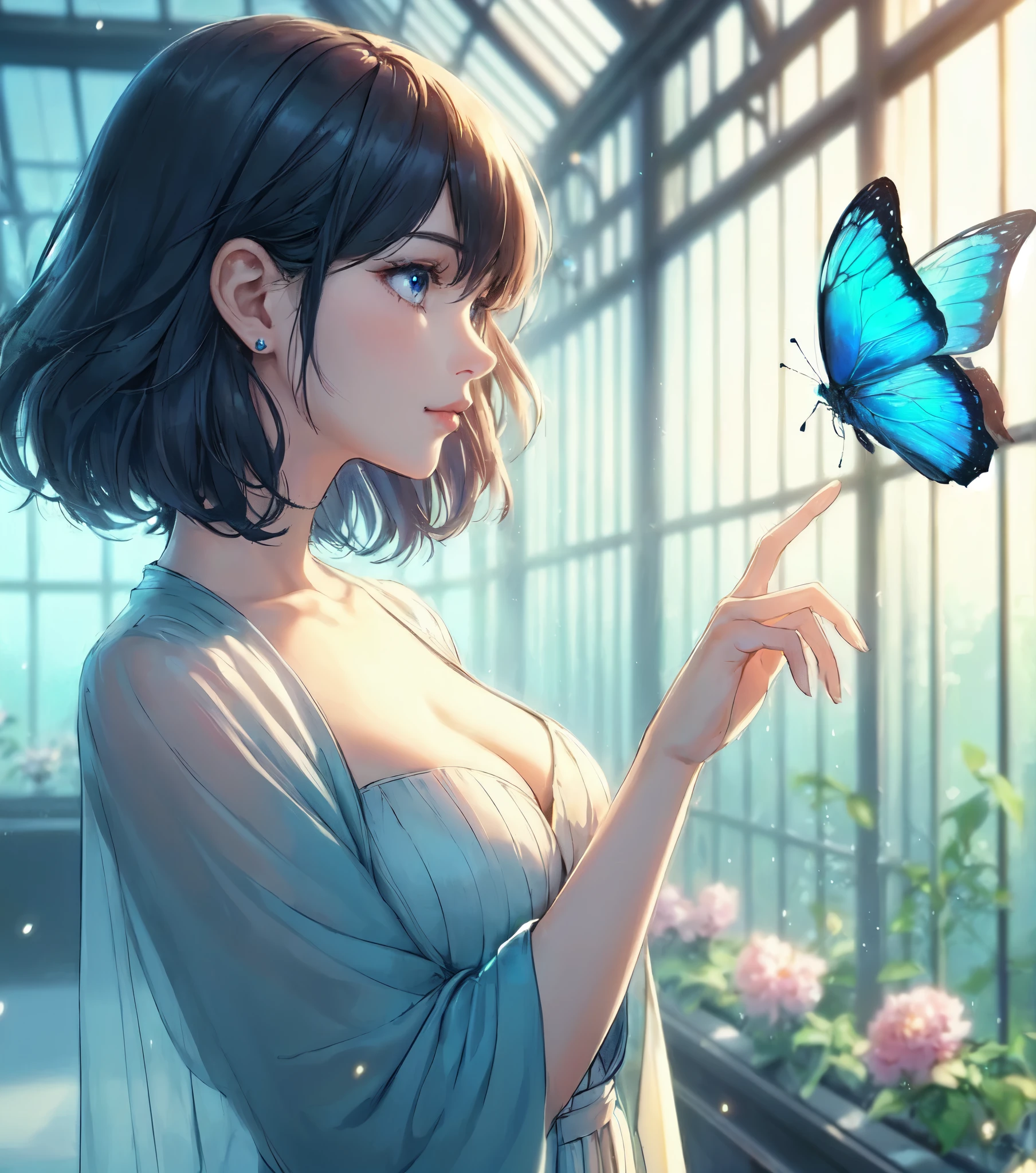 1lady solo, profile, (one hand up) (extending index finger gently), (blue butterfly landing on index finger), (cool and stylish dress), mature female, /(gray hair/) bangs, (light smile:0.8), (masterpiece best quality:1.2) delicate illustration ultra-detailed, large breasts BREAK (blue butterfly perching on index finger), (realistic blue butterfly:1.1), (glowing wings:1.1) BREAK (stylish greenhouse) indoors, plants, (soft lighting) noon, detailed background