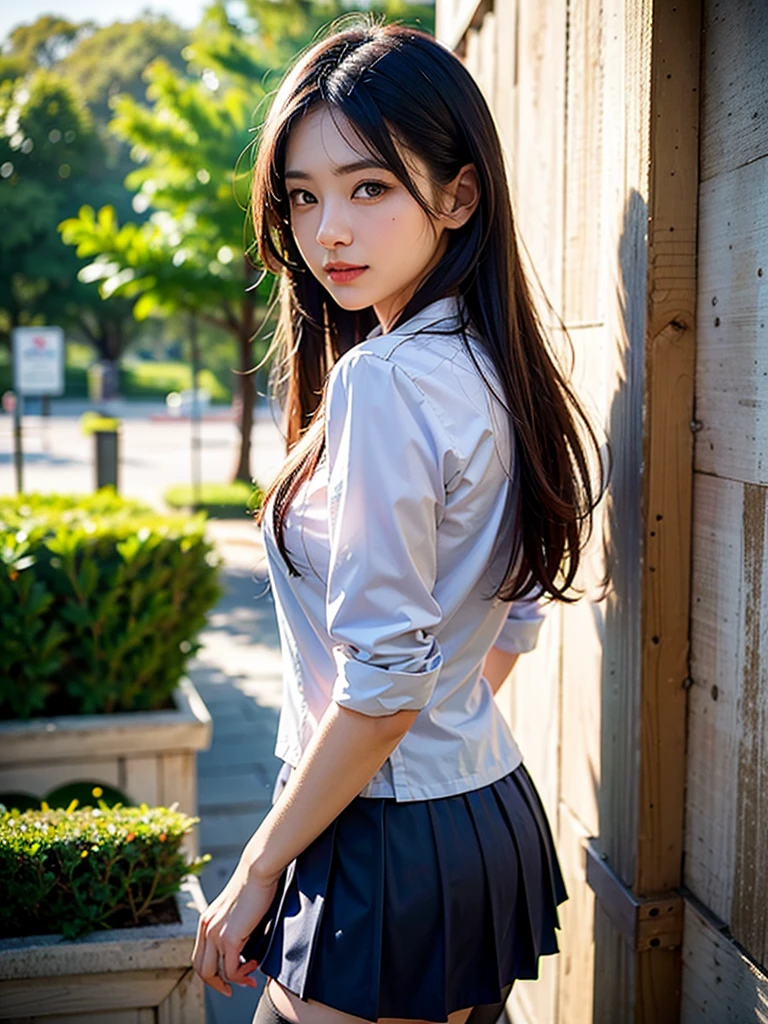 1girl,(best quality, highres:1.1),(realistic:1.4),(cowboy shot:1.3),detailed,clear sharp focus,highly detailed,(masterpiece, sidelighting, finely detailed beautiful eyes:1.2),hdr,professional lighting,amazing shadows,(school uniform:1.2),white blouse,black_skirt,socks_over_thighhighs,pantyhose,outdoors,shade,very long hair,wind,(smile:0.8),looking at viewer,hair_ornament,nikon af-s 105mm f/1.4e ed,relying on something,rely on,wall,standing against the wall,backlight,lens_flare,backed against the wall,