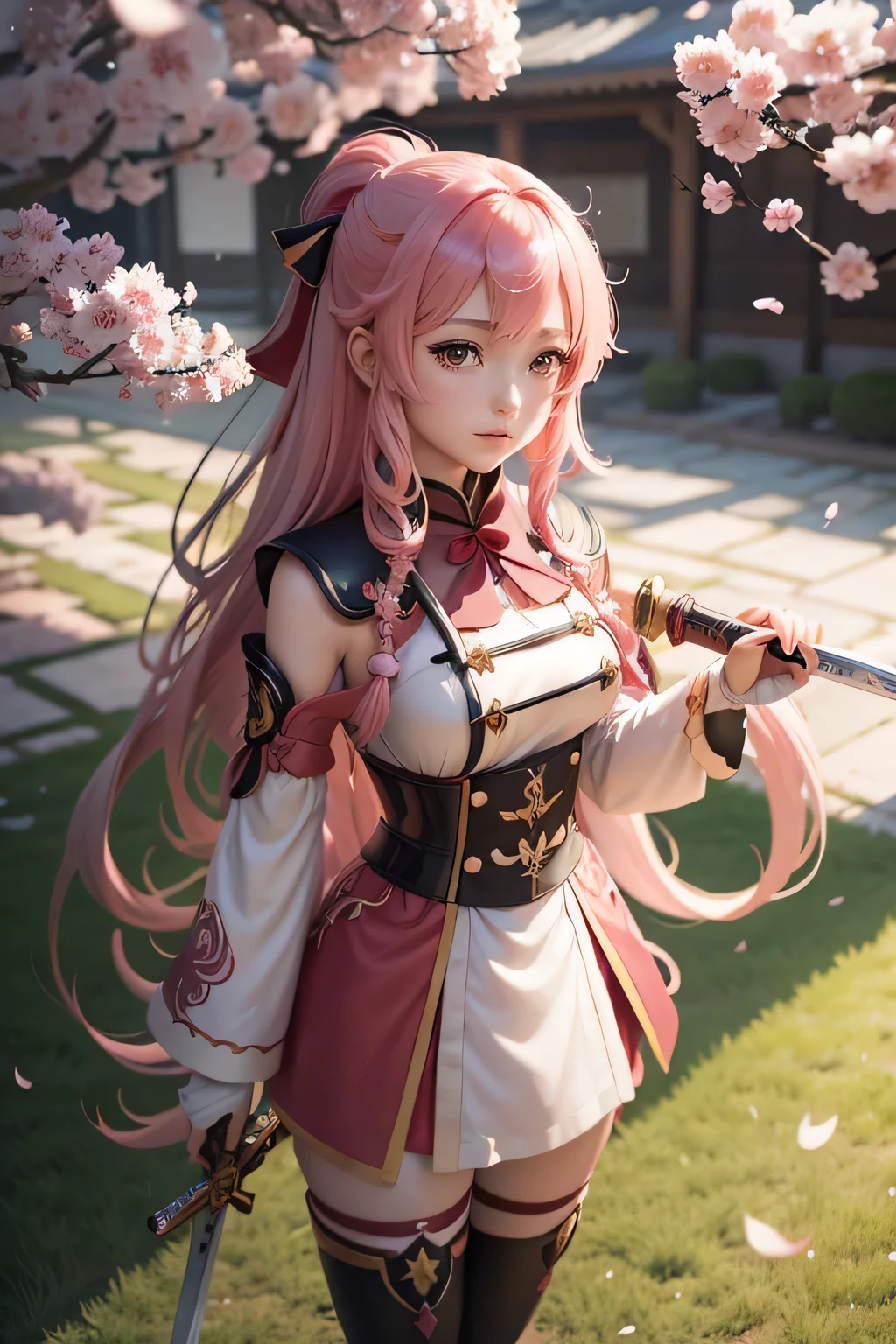 Long-haired anime girl holding a sword in front of a cherry tree, Ayaka Genshin Impact, Cherry blossom petals surround her,best anime 4k konachan wallpaper, Keqing from genshin impact, Sakura Kinomoto, anime art wallpaper 8 k, Ayaka Game Genshin Impact, anime art wallpaper 4k, Anime Art Wallpaper 4K