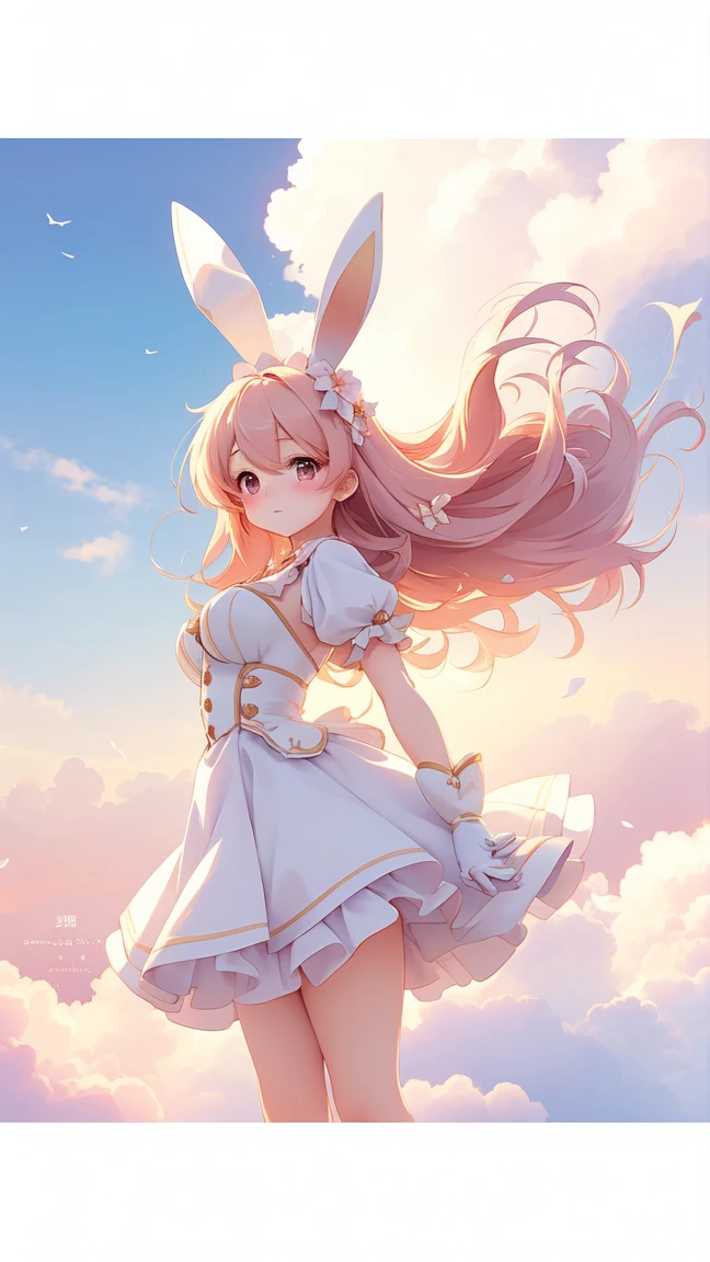 Bunny Morphing Girl, fluffy, soft ((highest quality)), ( Extremely detailed, Best details, Official Art, Beauty and aesthetics: 1.2), Depth of written border, composition, whole body, (a bit), (Beautiful and detailed: 1.3), (wonderful:1), Colorful clouds blurred background