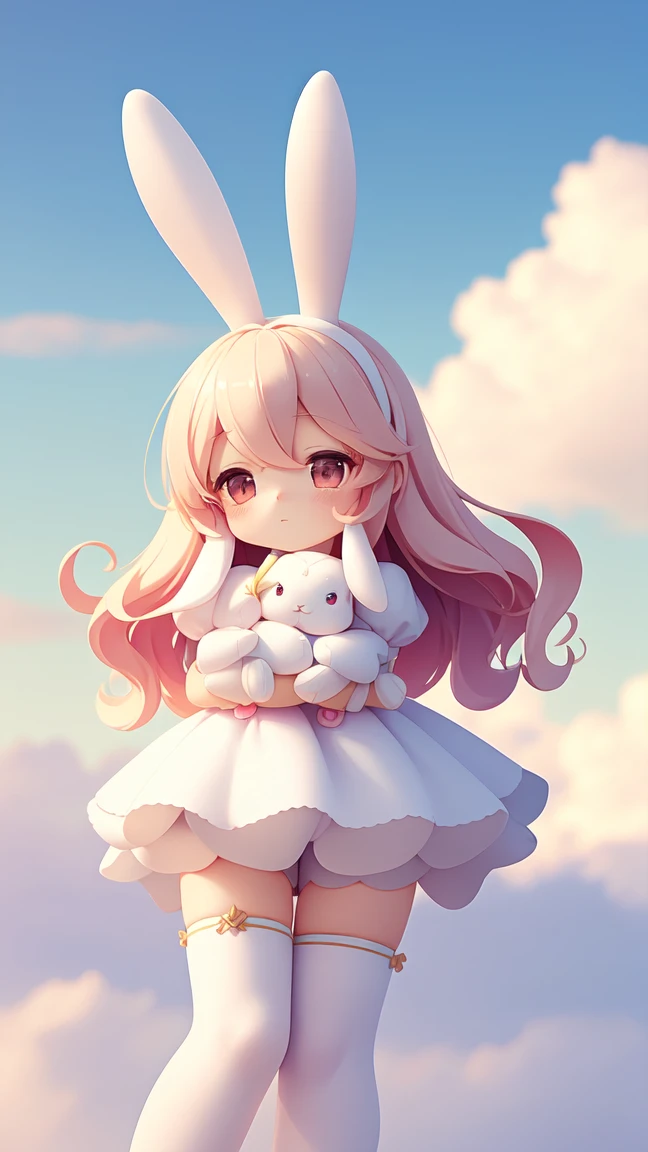 Bunny Morphing Girl, fluffy, soft ((highest quality)), ( Extremely detailed, Best details, Official Art, Beauty and aesthetics: 1.2), Depth of written border, composition, whole body, (a bit), (Beautiful and detailed: 1.3), (wonderful:1), Colorful clouds blurred background