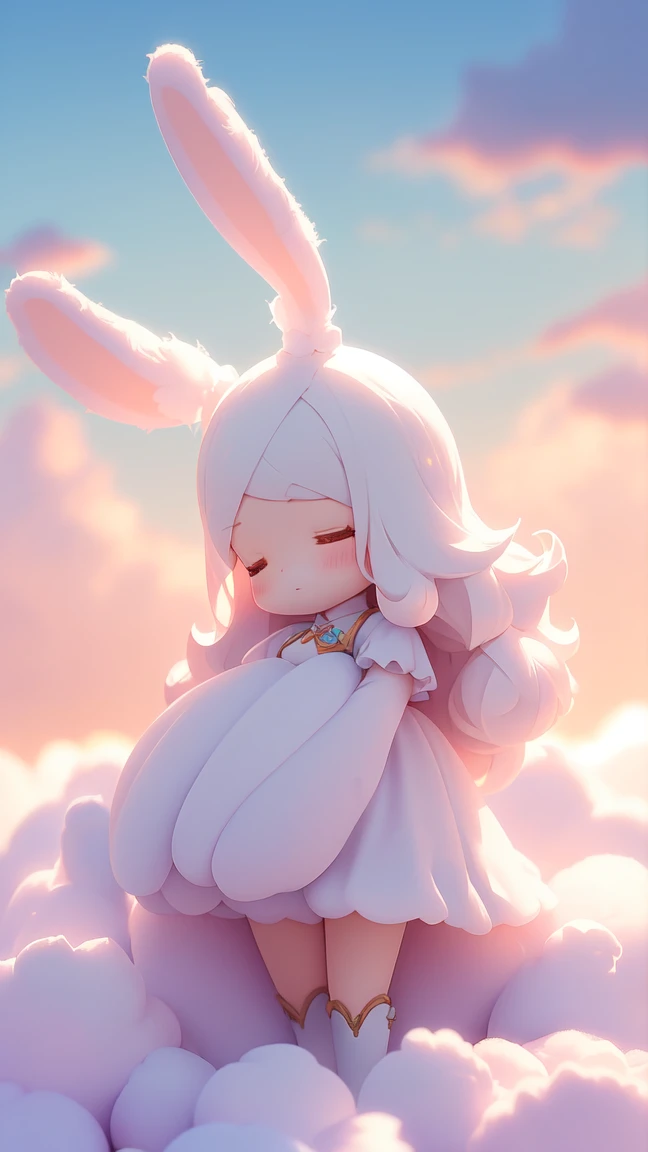 Bunny Morphing Girl, fluffy, soft ((highest quality)), ( Extremely detailed, Best details, Official Art, Beauty and aesthetics: 1.2), Depth of written border, composition, whole body, (a bit), (Beautiful and detailed: 1.3), (wonderful:1), Colorful clouds blurred background