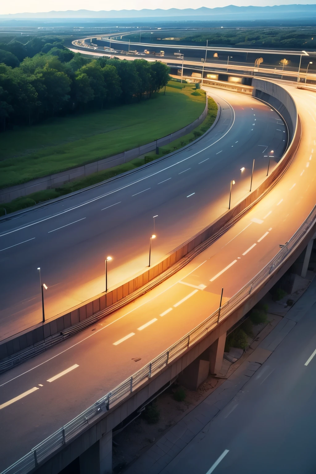make a highway from above position, has streetlight, has divider, and has sensor attach at the divider, include motion sensor