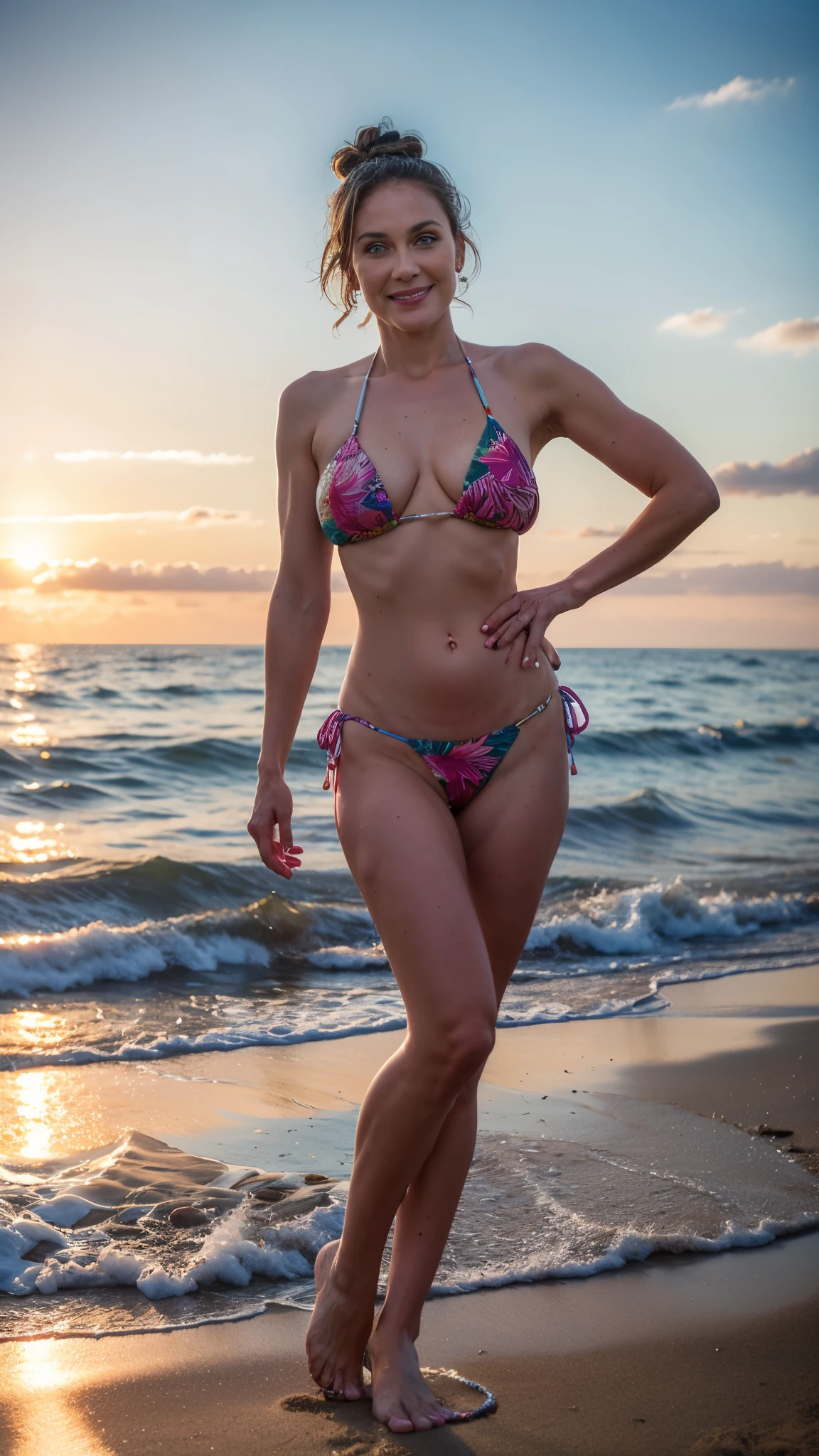 A beautiful woman, age 40 year old, messy bun hair, saggy breasts, wearing printed tropical pattern bikini, barefoot, long legs, full body, sunset at santa monica beach, swiming in the sea, dynamic light, masterpiece, ultra detailed, movie scene, dramatic photo, perspective angle, cinematic, candid